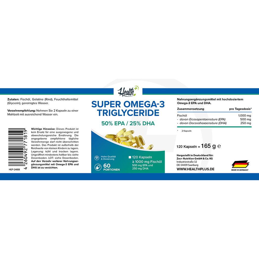 HEALTH+ Super Omega-3 Triglyceride: Vorder- und Rückseite mit Details zu Inhaltsstoffen und Menge.