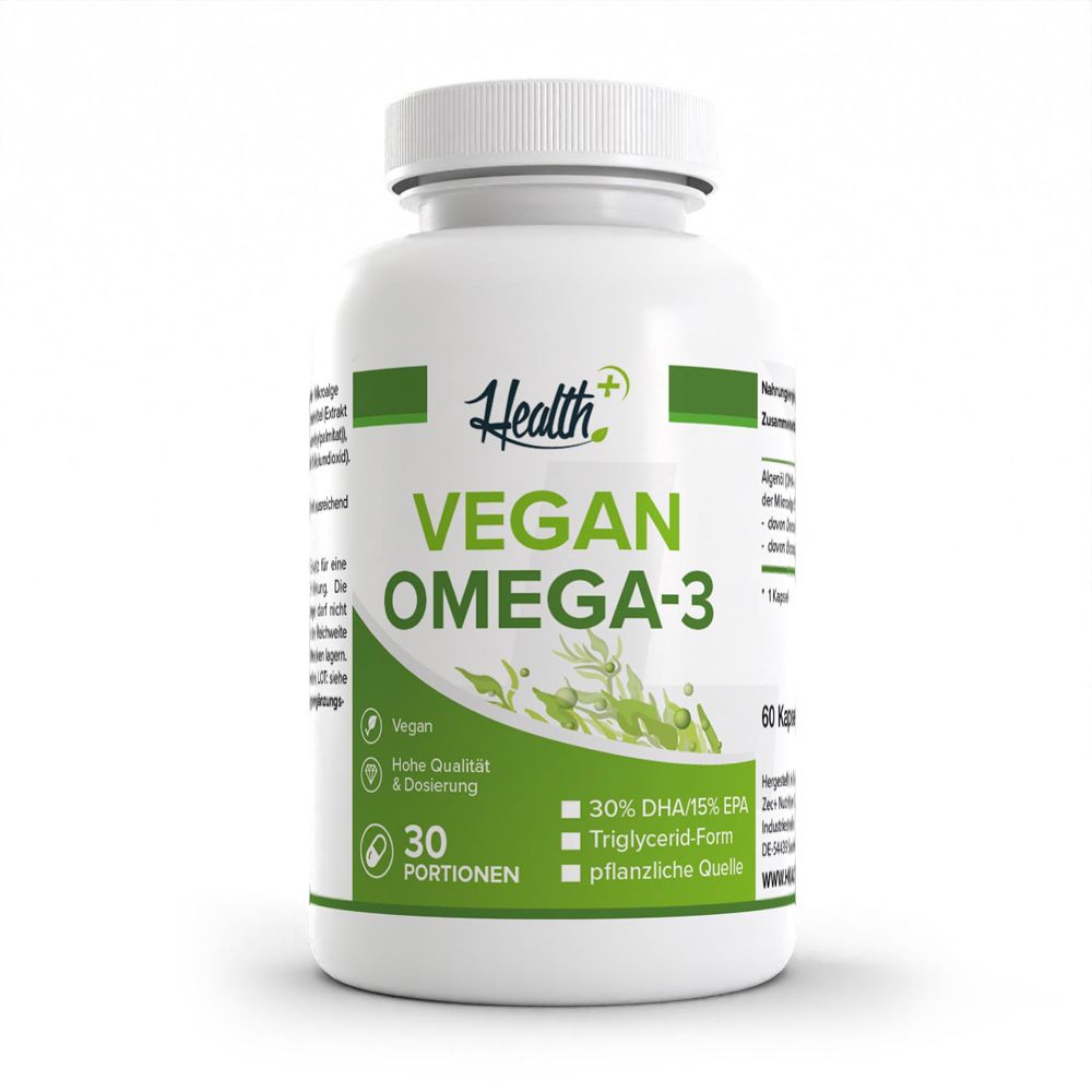 Pot blanc avec inscription verte : "Health+ VEGAN OMEGA-3", 30 portions, 30% DHA/15% EPA.