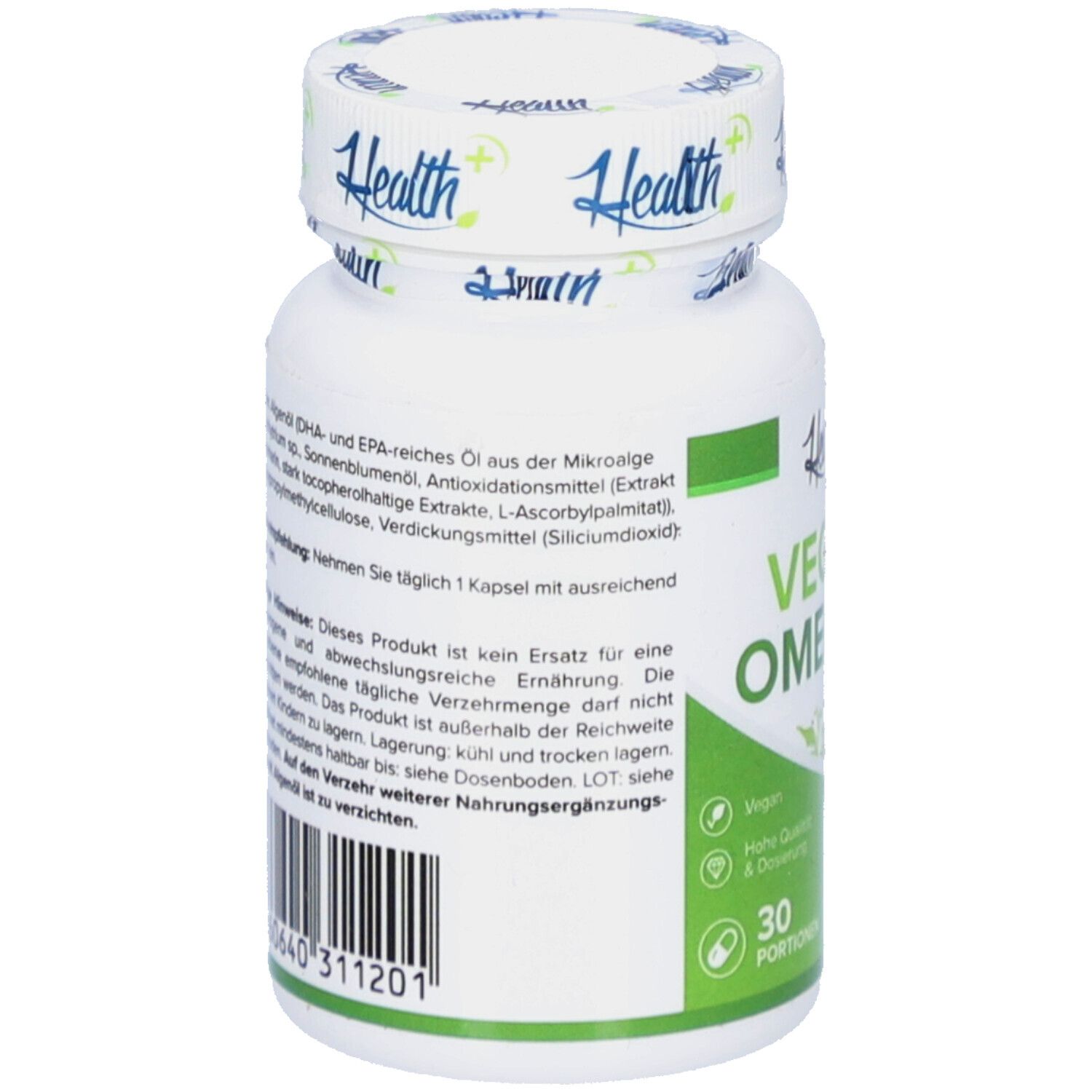 Rückseite der weißen Flasche. Textinformationen zu Inhaltsstoffen und Anwendung. Barcode unten. Vegan Omega-3 Kapseln.