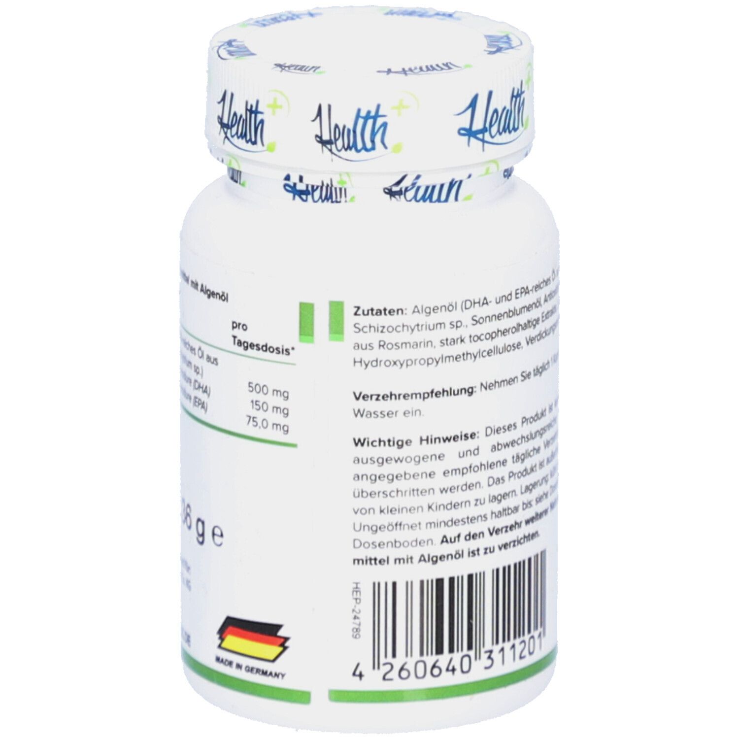 Rückseite der weißen Flasche. Textinformationen zu Inhaltsstoffen und Anwendung. Hergestellt in Deutschland. Vegan Omega-3.