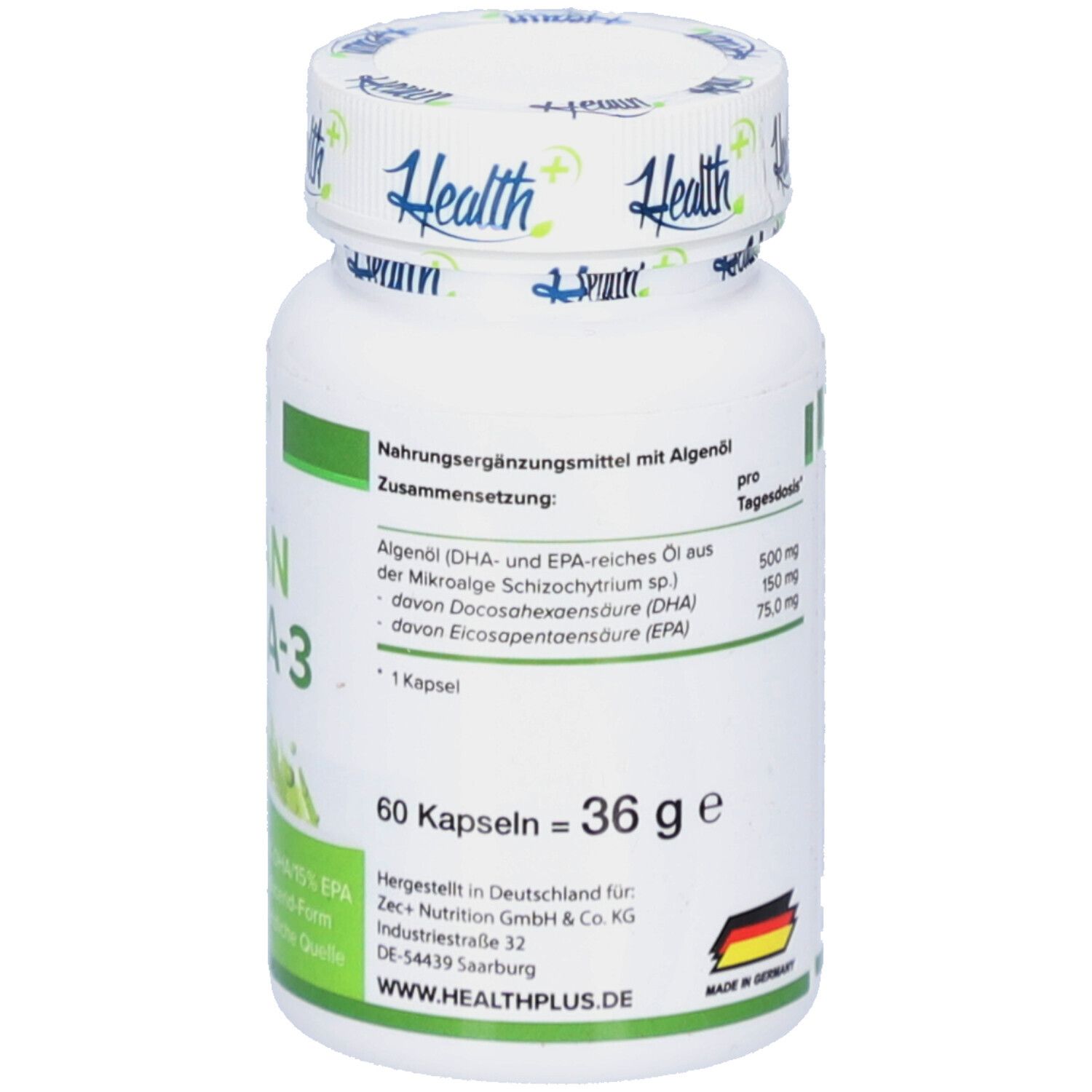 Weiße Flasche mit grünen Akzenten. Aufschrift: Health+ Vegan Omega-3. Enthält 60 Kapseln. Hergestellt in Deutschland.