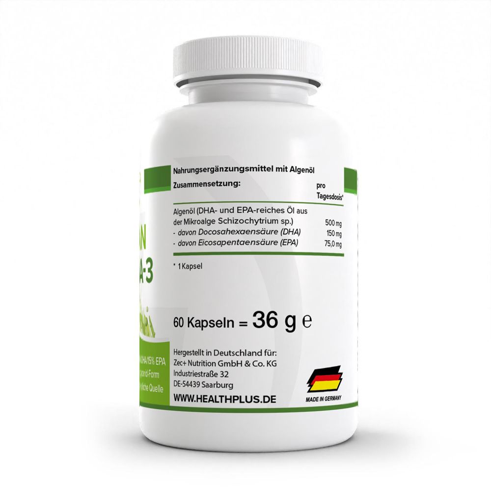 Arrière d'un pot avec informations nutritionnelles : "Complément alimentaire à l'huile d'algues", 60 gélules = 36 g.