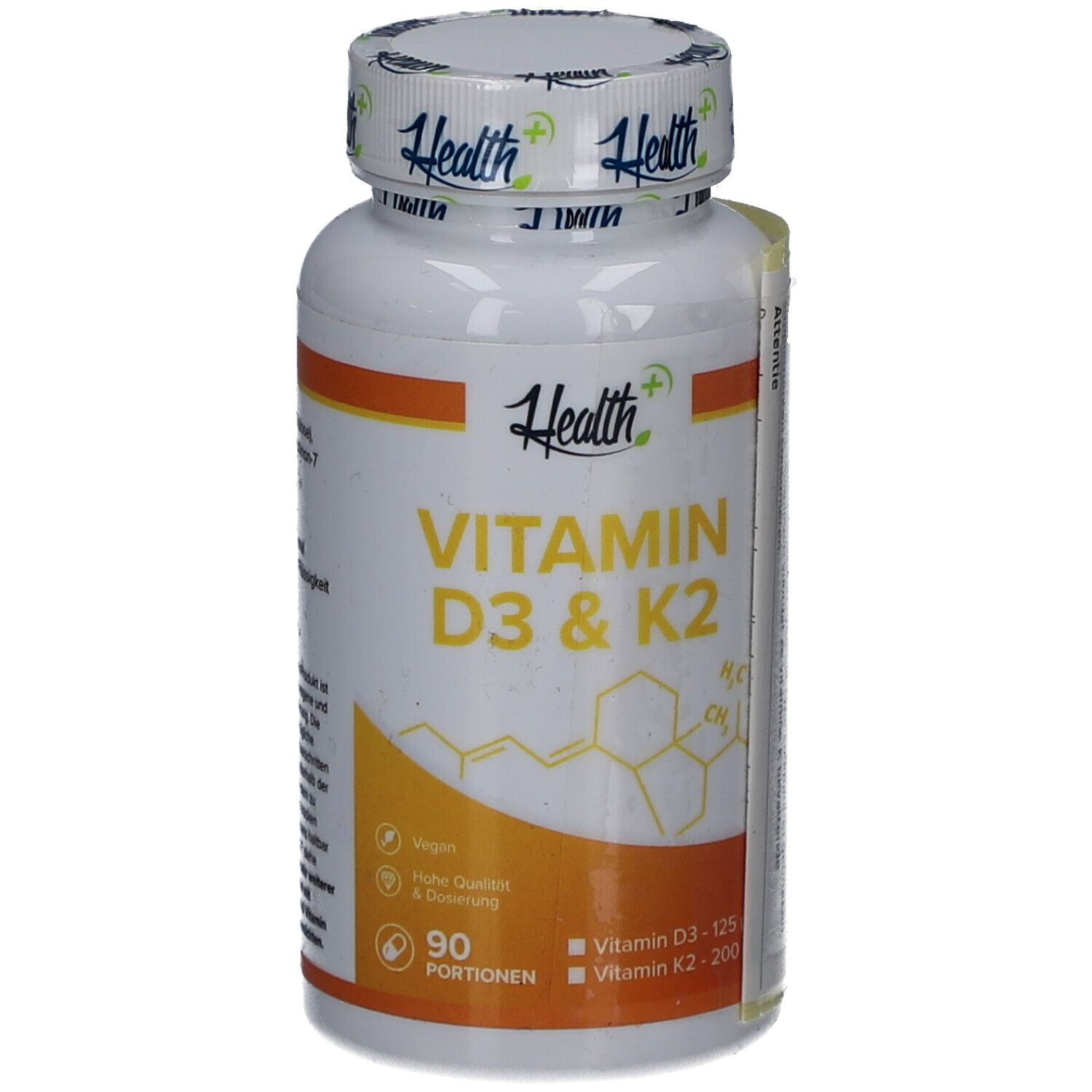 Weiße Flasche mit HEALTH+ VITAMIN D3 & K2. 90 Portionen. Vegan. Hohe Qualität & Dosierung. Vitamin D3 125, Vitamin K2 200.