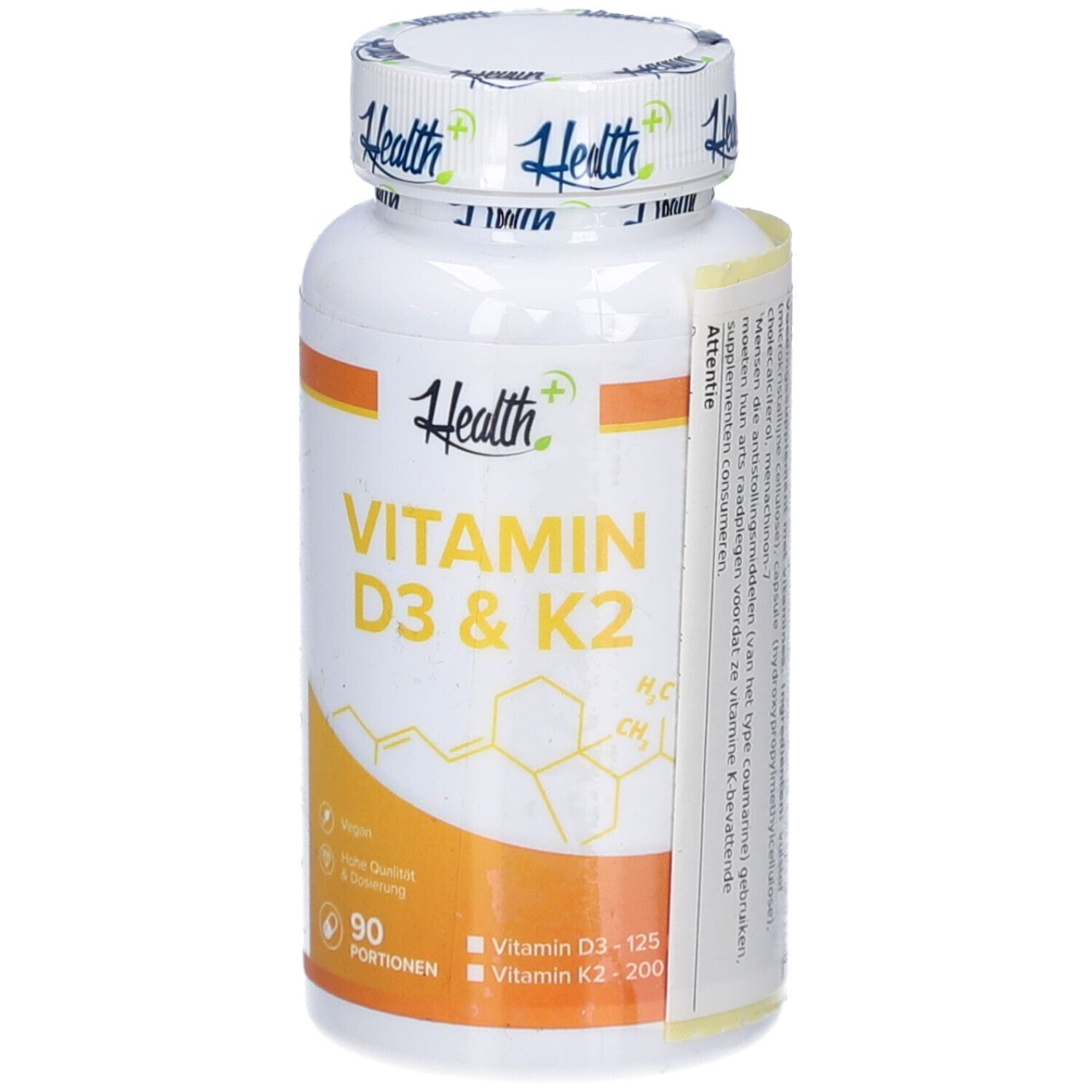 Weiße Flasche HEALTH+ VITAMIN D3 & K2. 90 Portionen. Vegan. Hohe Qualität & Dosierung. Vitamin D3 125, Vitamin K2 200.