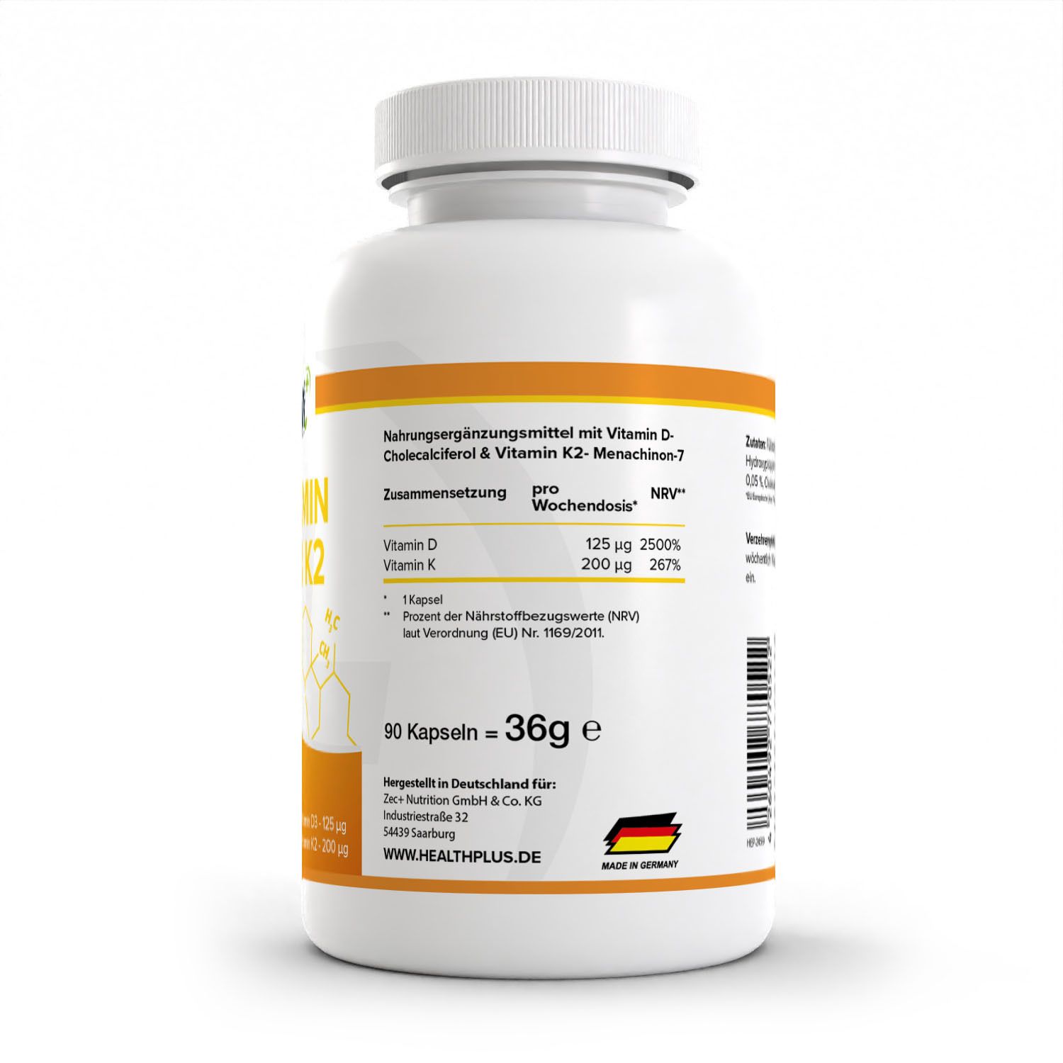 Rückseite der Flasche. Enthält Informationen zu Vitamin D und K. Hergestellt in Deutschland. 90 Kapseln = 36g.