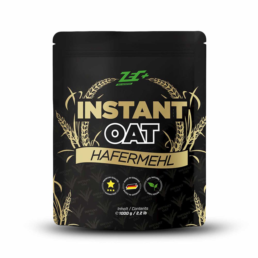 Emballage noir avec détails dorés. Inscription "Instant Oat Hafermehl". Logos et labels de qualité. Contenu 1000g.