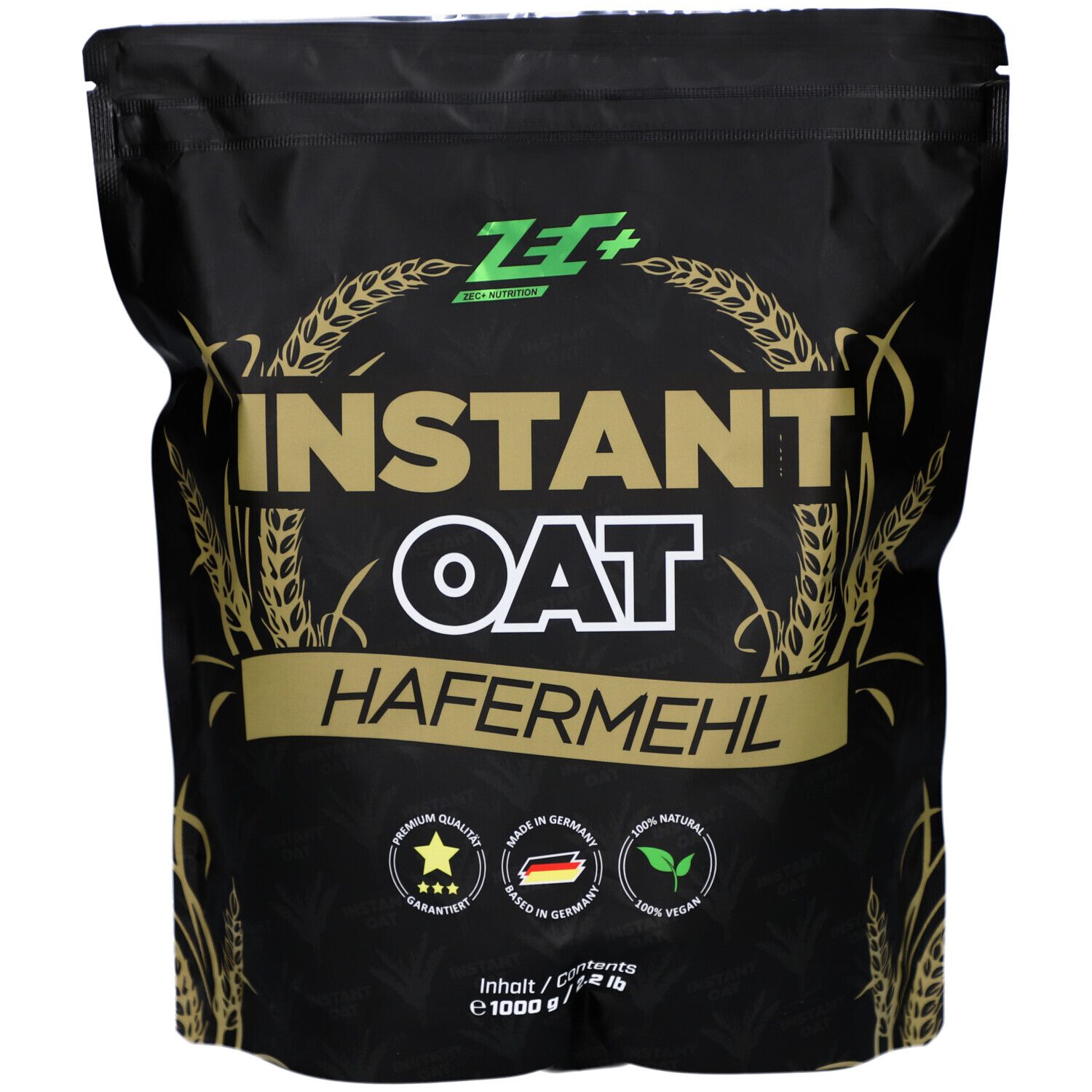 Emballage noir avec détails dorés. Inscription "Instant Oat Hafermehl". Logos et labels de qualité. Contenu 1000g.