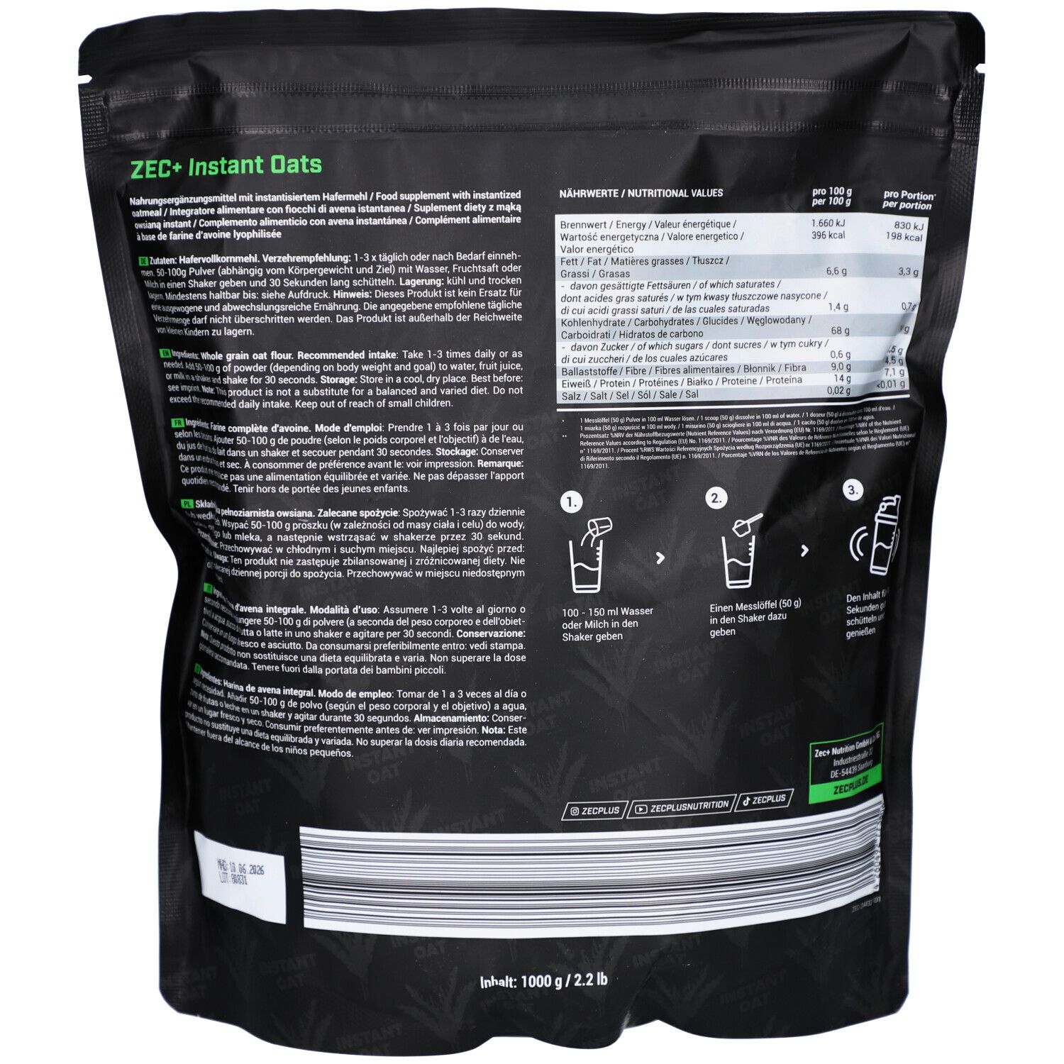 Dos de l'emballage. Texte en plusieurs langues. Informations nutritionnelles et instructions de préparation. Contenu 1000g/2.2 lb.