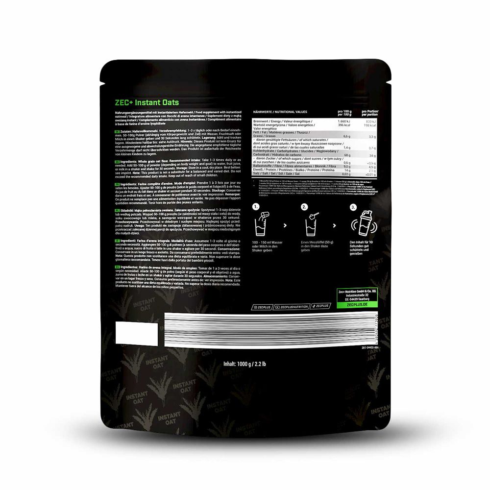 Dos de l'emballage. Texte en plusieurs langues. Informations nutritionnelles et instructions de préparation. Contenu 1000g/2.2 lb.