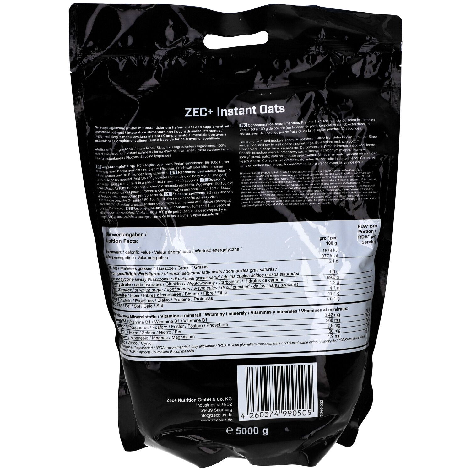 Dos de l'emballage noir. Inscription: ZEC+ Instant Oats. Informations nutritionnelles et liste des ingrédients. Code-barres et 5000 g.