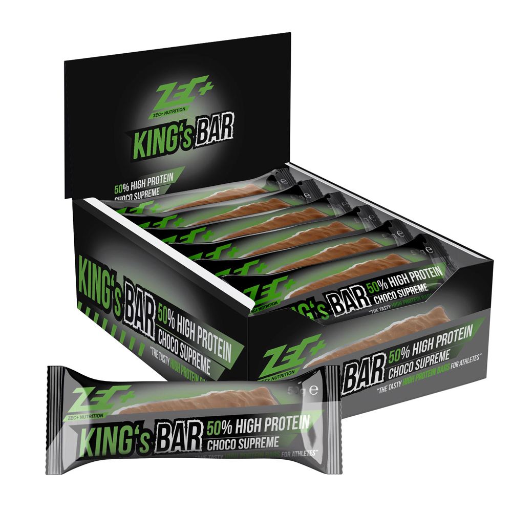 Schachtel mit ZEC+ KING'S BAR Proteinriegeln. Einzelner Riegel liegt davor. Aufdruck: KING'S BAR, 50% High Protein, Choco Supreme.