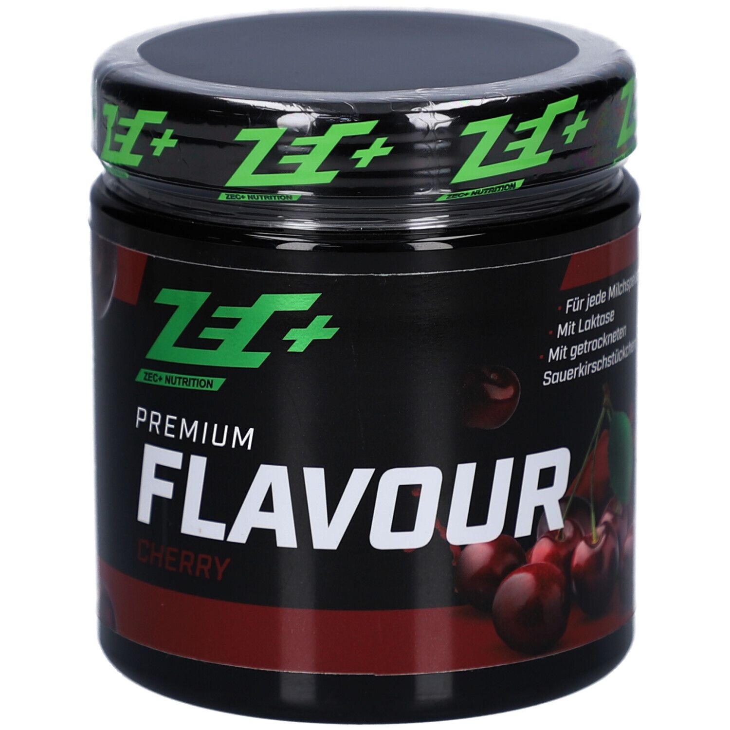 Pot ZEC+ avec couvercle noir, texte vert. Inscription: PREMIUM FLAVOUR CHERRY.