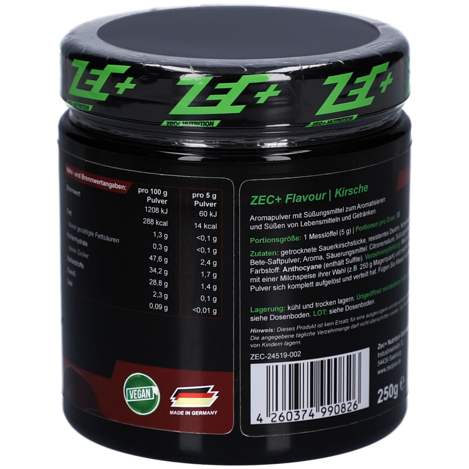 Dos du pot ZEC+. Informations nutritionnelles, label Vegan, Fabriqué en Allemagne, 250g.