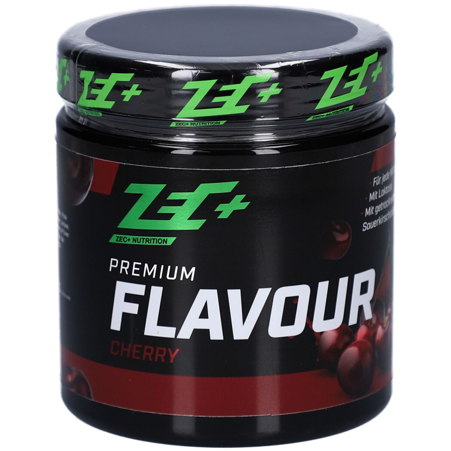 Pot ZEC+ avec couvercle noir, texte vert. Inscription: PREMIUM FLAVOUR CHERRY.
