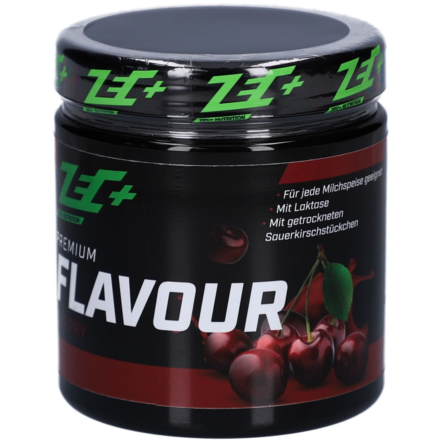 Pot ZEC+, texte: Convient à tous les desserts lactés. Avec morceaux de cerises séchées.