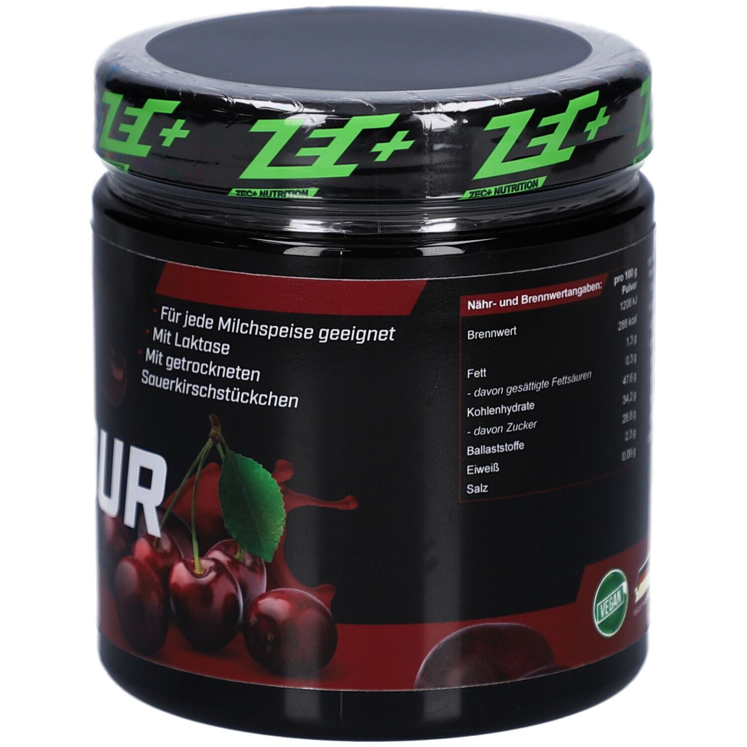 Dos du pot ZEC+. Informations nutritionnelles, texte: Convient à tous les desserts lactés.