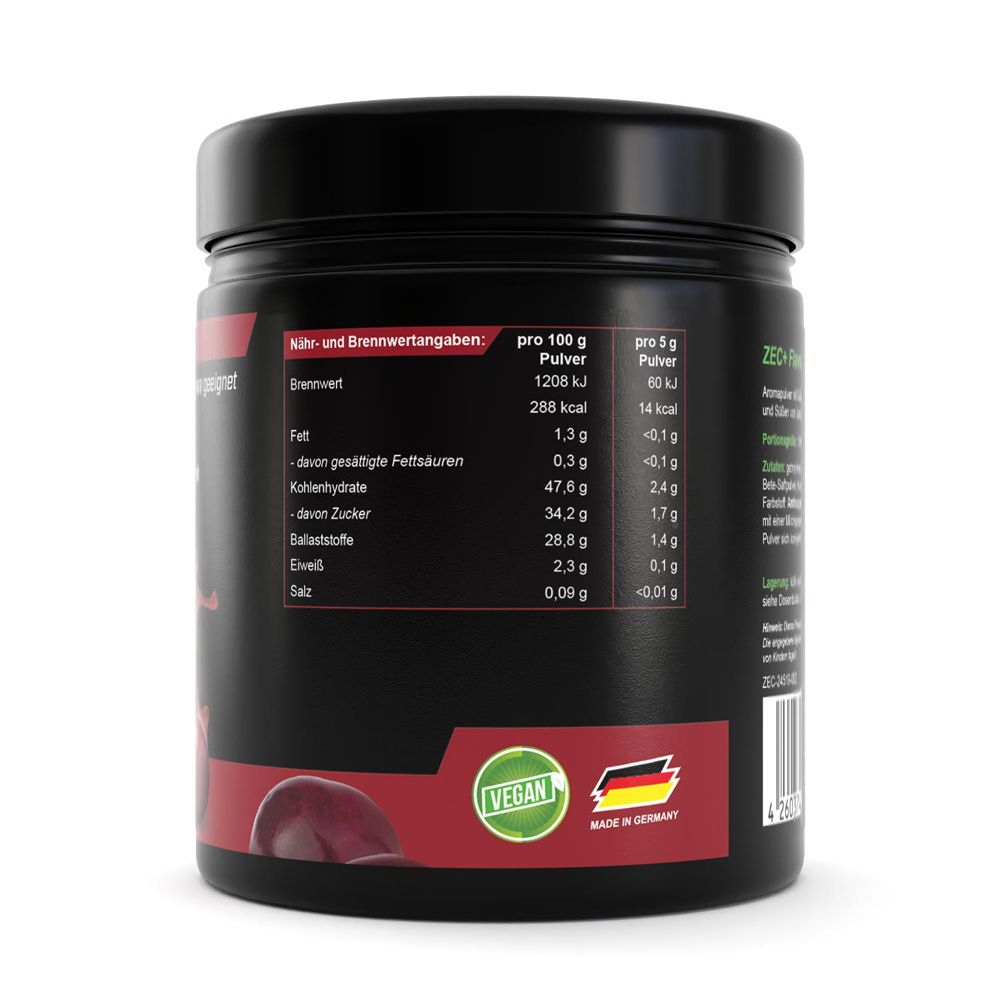 Dos du pot ZEC+. Informations nutritionnelles, label Vegan, Fabriqué en Allemagne.