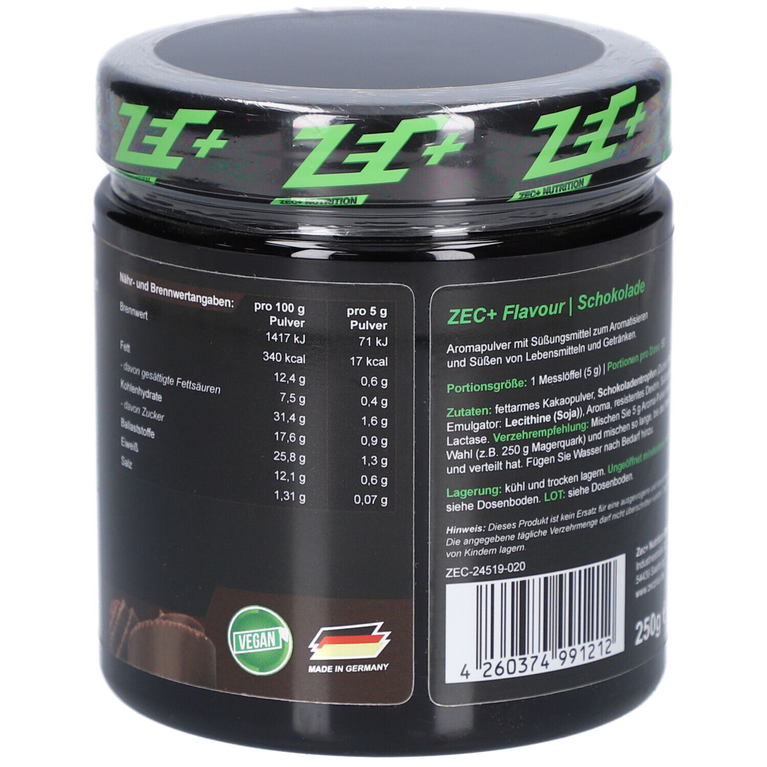 Schwarzes Behältnis mit grünem Deckel. Nährwertangaben. Vegan-Siegel. Made in Germany. 250g.