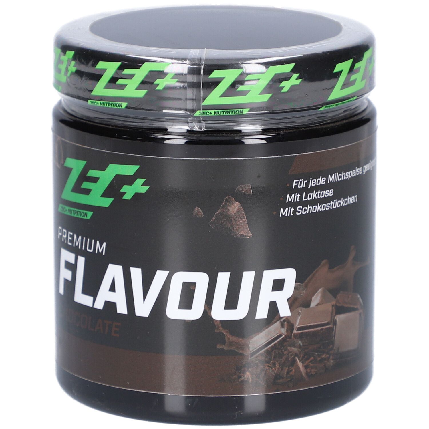 Schwarzes Behältnis mit grünem Deckel. Premium Flavour Chocolate. ZEC+ Logo. 250g.
