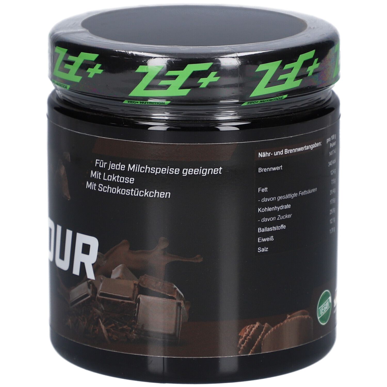 Schwarzes Behältnis mit grünem Deckel. Nährwertangaben. Vegan-Siegel. Made in Germany. 250g.