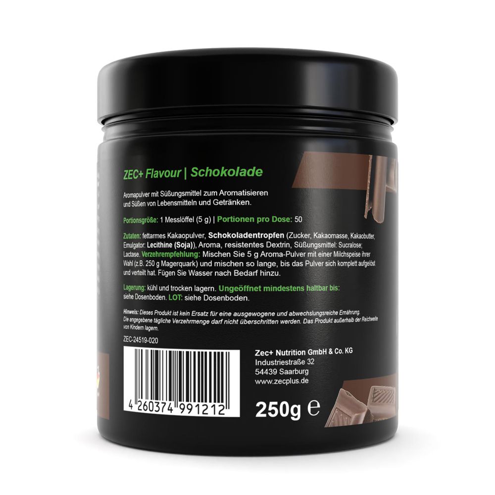Schwarzes Behältnis. ZEC+ Flavour | Schokolade. Zutatenliste. 250g. Barcode. Deckel.