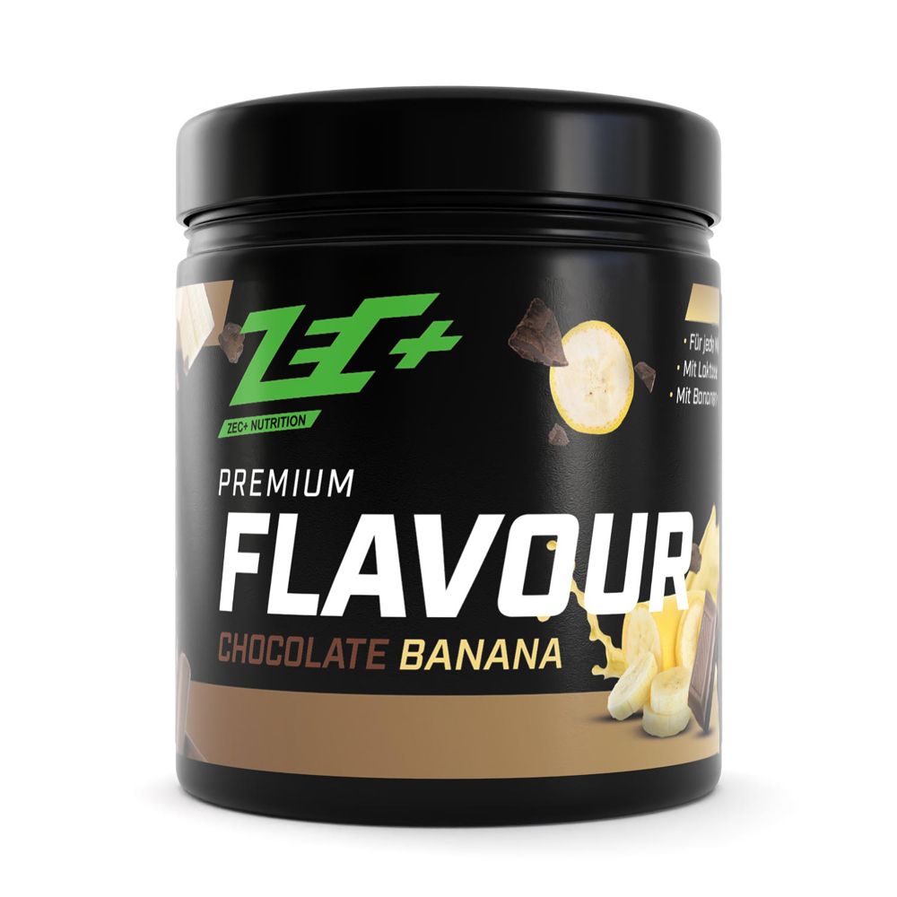 Pot noir avec Premium Flavour Chocolate Banana. Illustration de banane et chocolat. Marque ZEC+ Nutrition.
