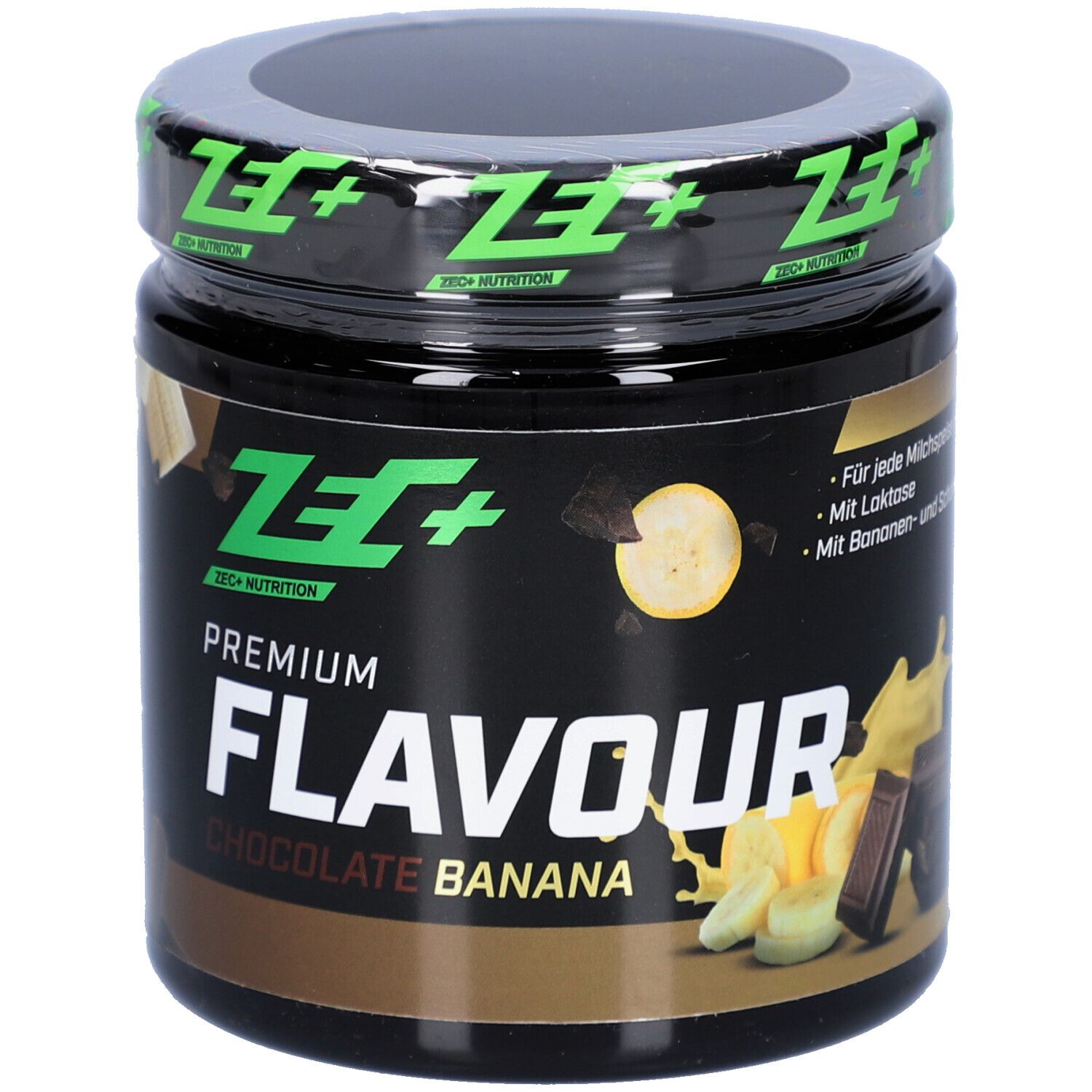 Pot noir avec couvercle vert. Inscription Premium Flavour Chocolate Banana. Marque ZEC+ Nutrition.