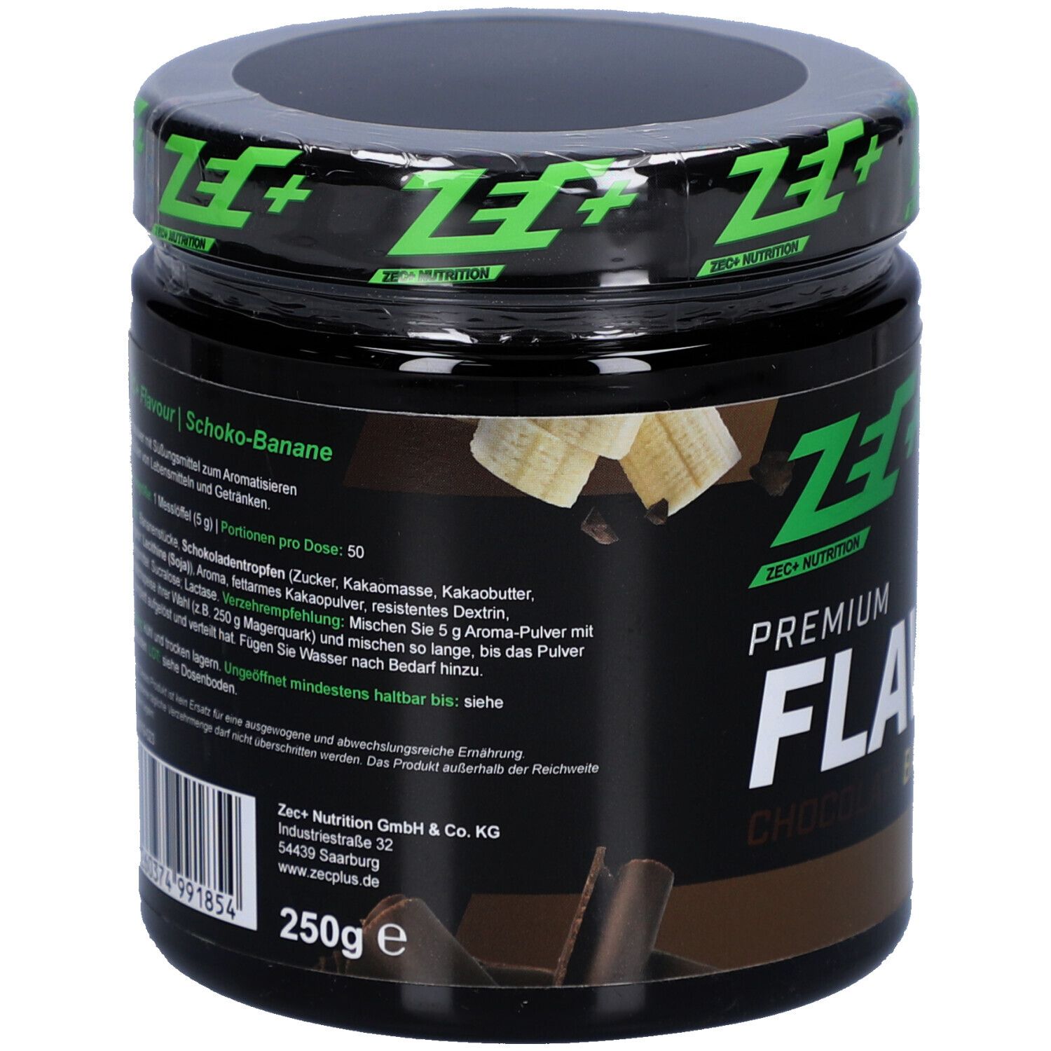 Pot noir avec couvercle vert. Contient la liste des ingrédients et les coordonnées. Marque ZEC+ Nutrition.