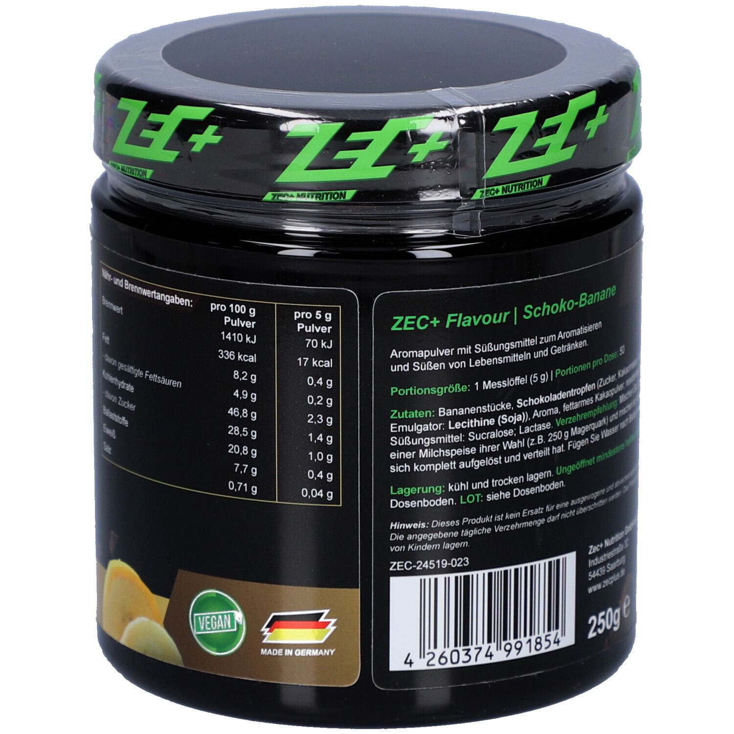 Pot noir avec couvercle vert. Contient des informations nutritionnelles, Vegan et Made in Germany. Marque ZEC+ Nutrition.