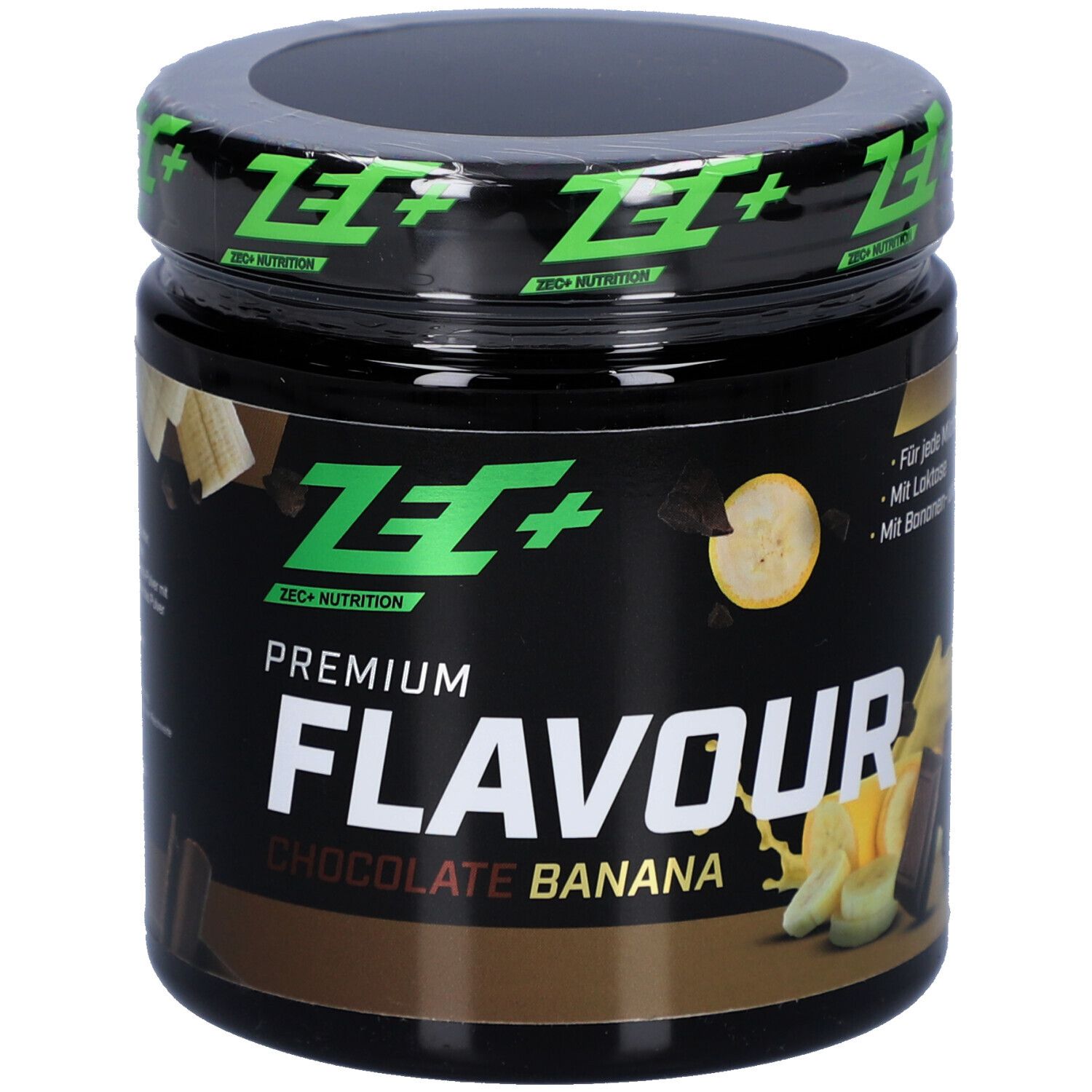 Pot noir avec couvercle vert. Inscription Premium Flavour Chocolate Banana. Marque ZEC+ Nutrition.