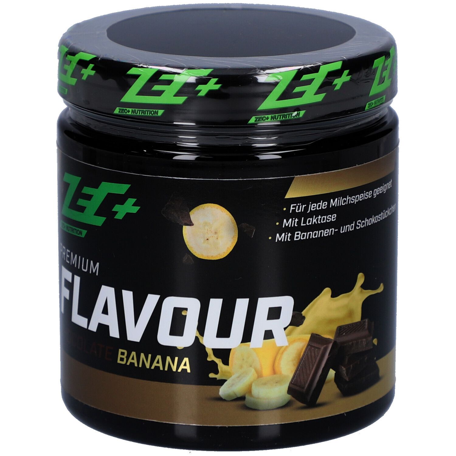 Pot noir avec couvercle vert. Inscription Premium Flavour Banana. Illustration de banane et chocolat.