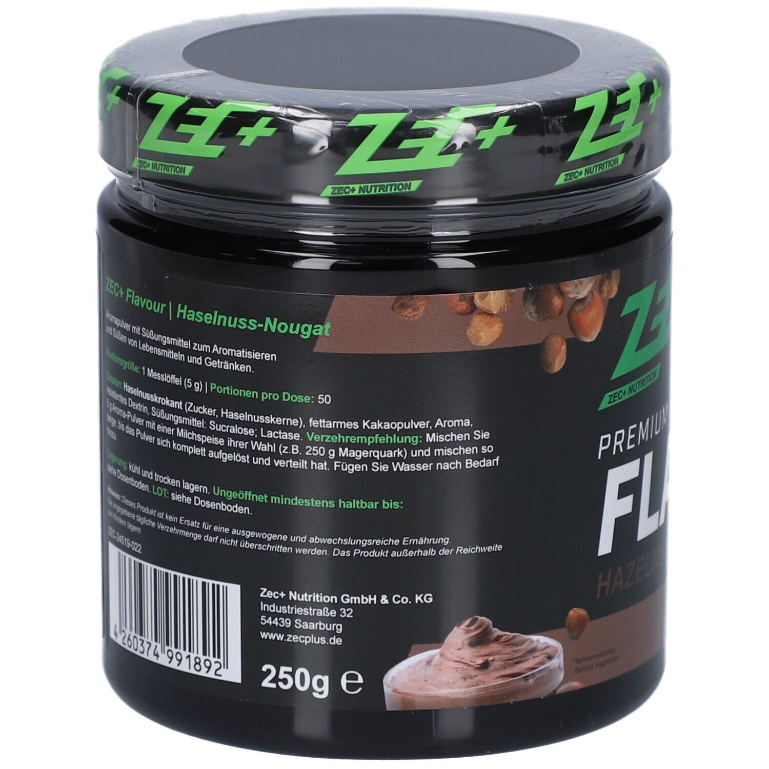 Pot avec couvercle vert. Inscription: ZEC+ NUTRITION. PREMIUM FLAVOUR HAZELNUT-NOUGAT. 250g e.