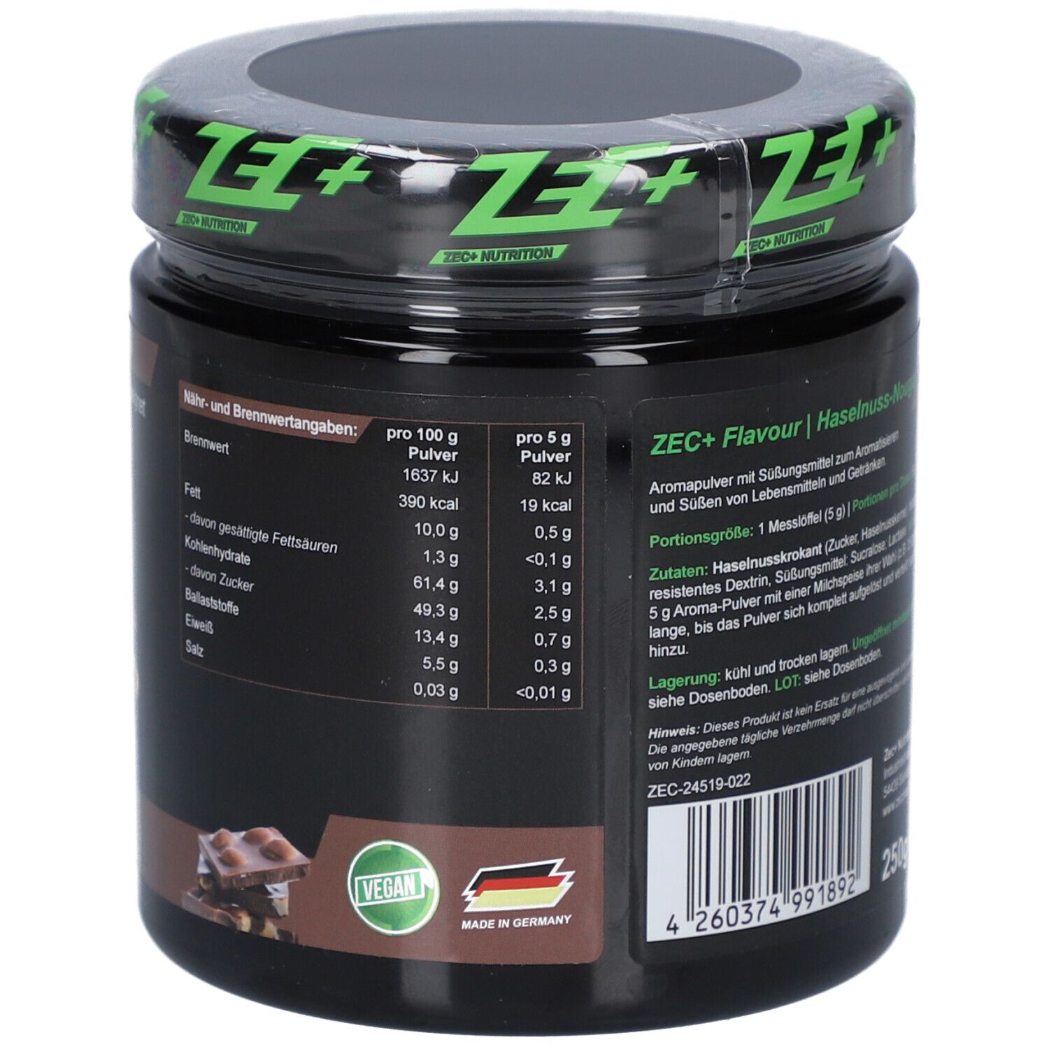 Pot avec couvercle vert. Dos avec informations nutritionnelles, label Vegan et logo Made in Germany.