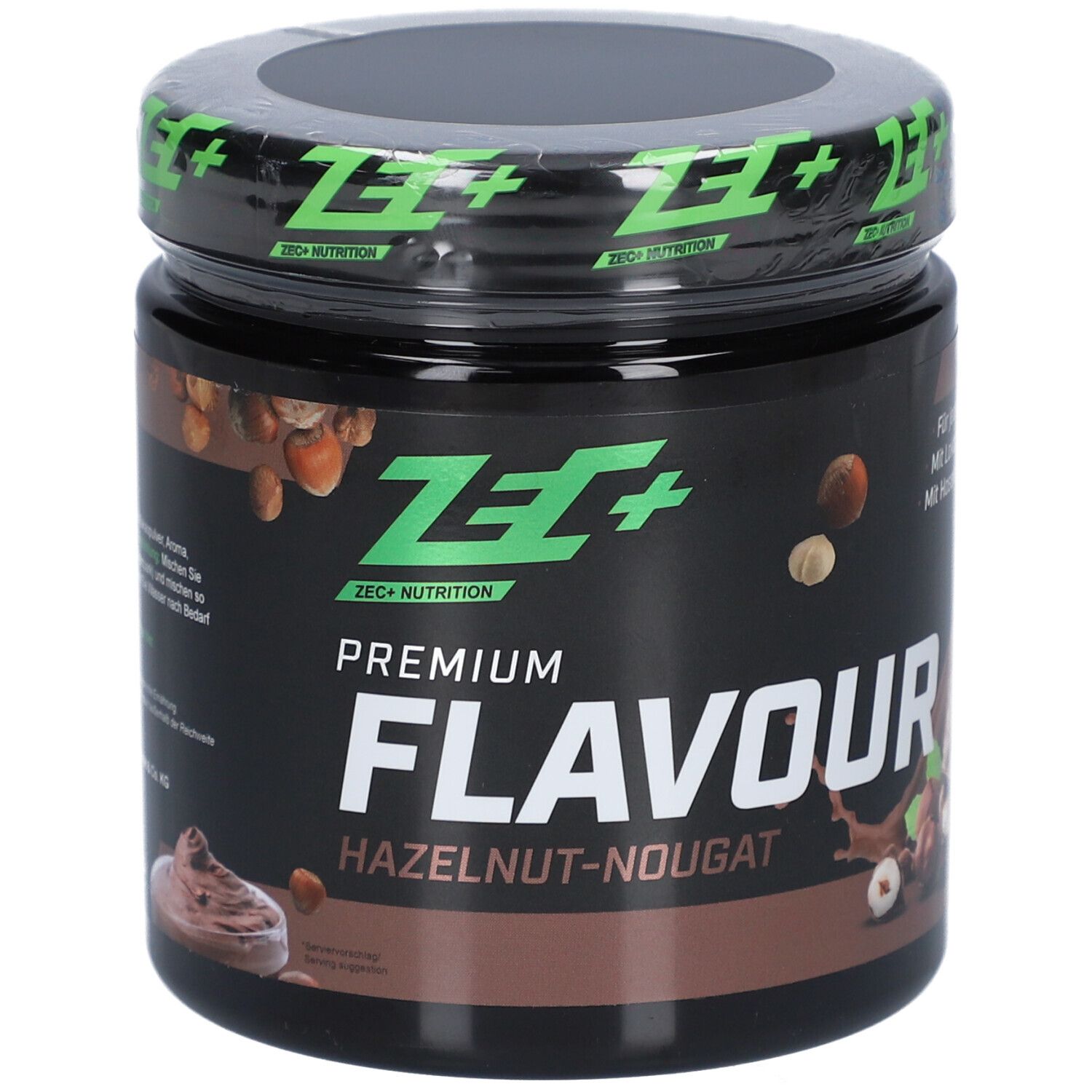 Pot avec couvercle vert. Inscription: ZEC+ NUTRITION. PREMIUM FLAVOUR HAZELNUT-NOUGAT. 250g e.