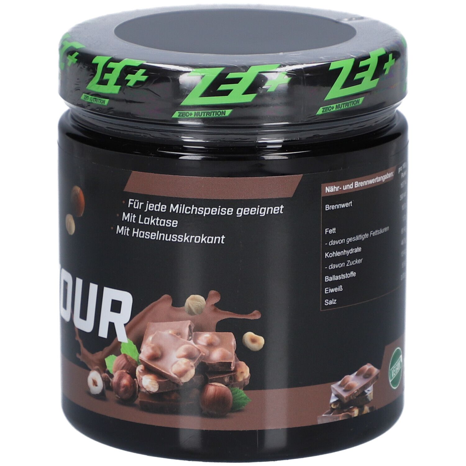 Pot avec couvercle vert. Inscription: ZEC+ NUTRITION. PREMIUM FLAVOUR. Informations nutritionnelles.
