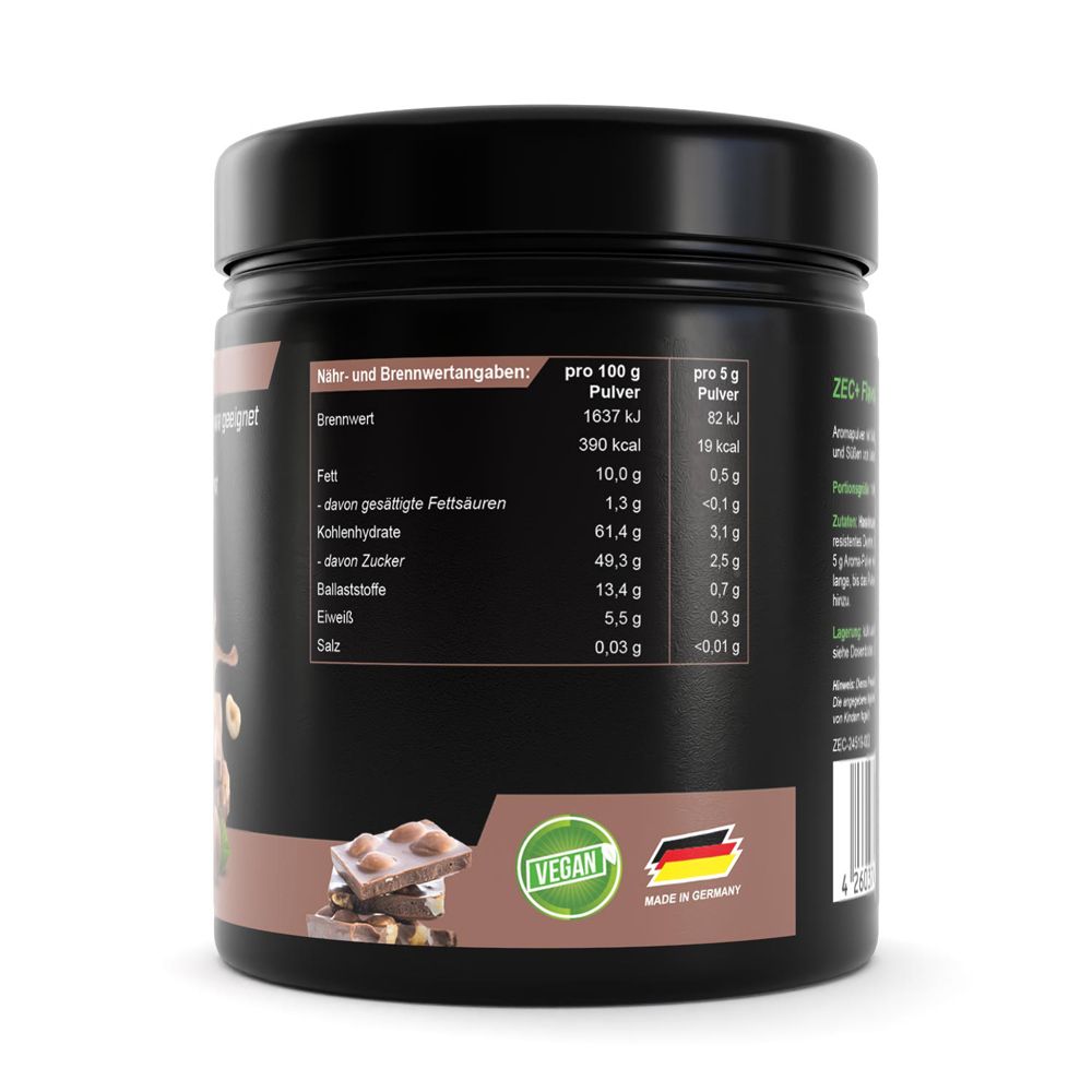 Dos du pot noir. Contient des informations nutritionnelles, le label Vegan et le logo Made in Germany.