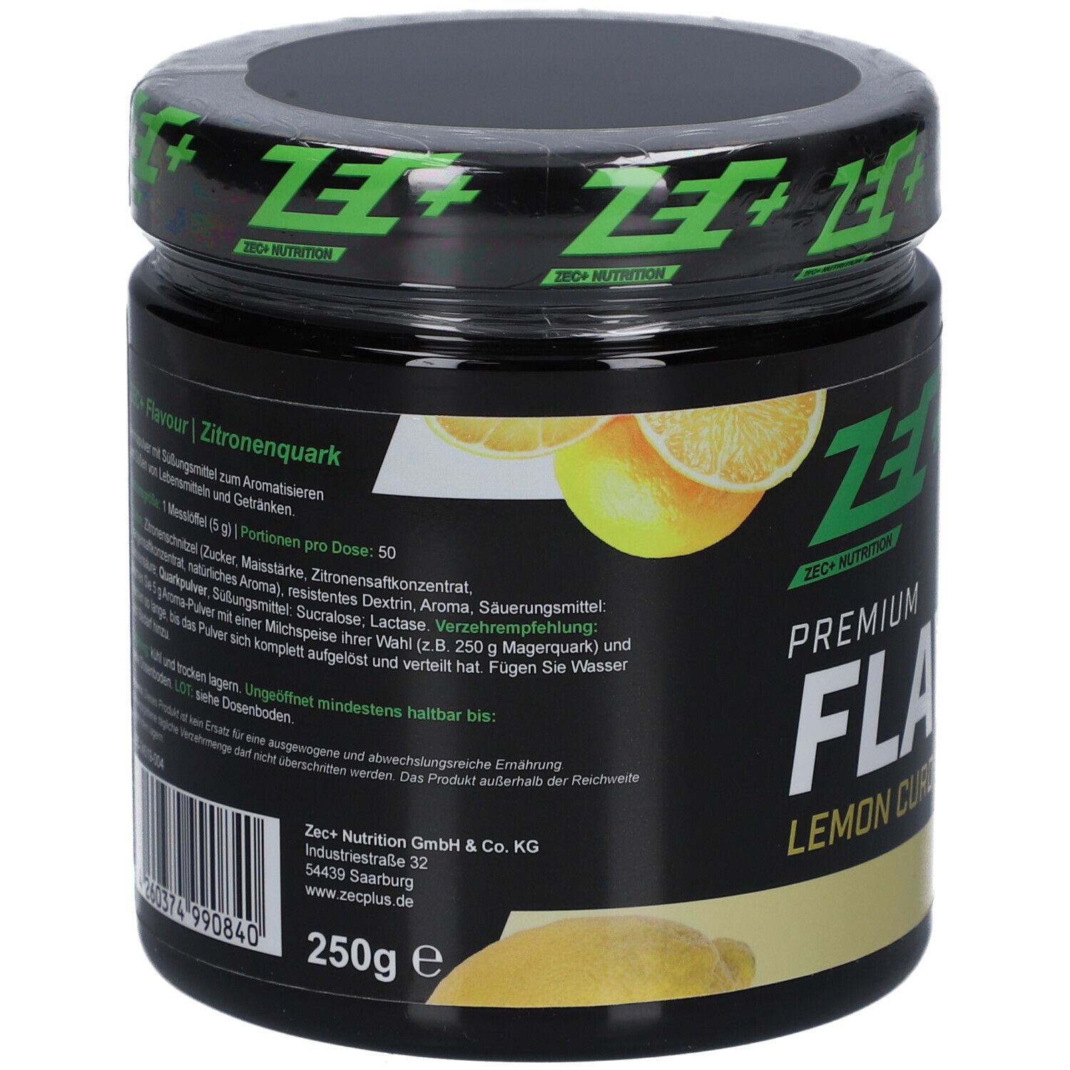 Boîte noire avec informations sur le produit. Contient les ingrédients, les instructions d'utilisation et les coordonnées. Marque : ZEC+ Nutrition.