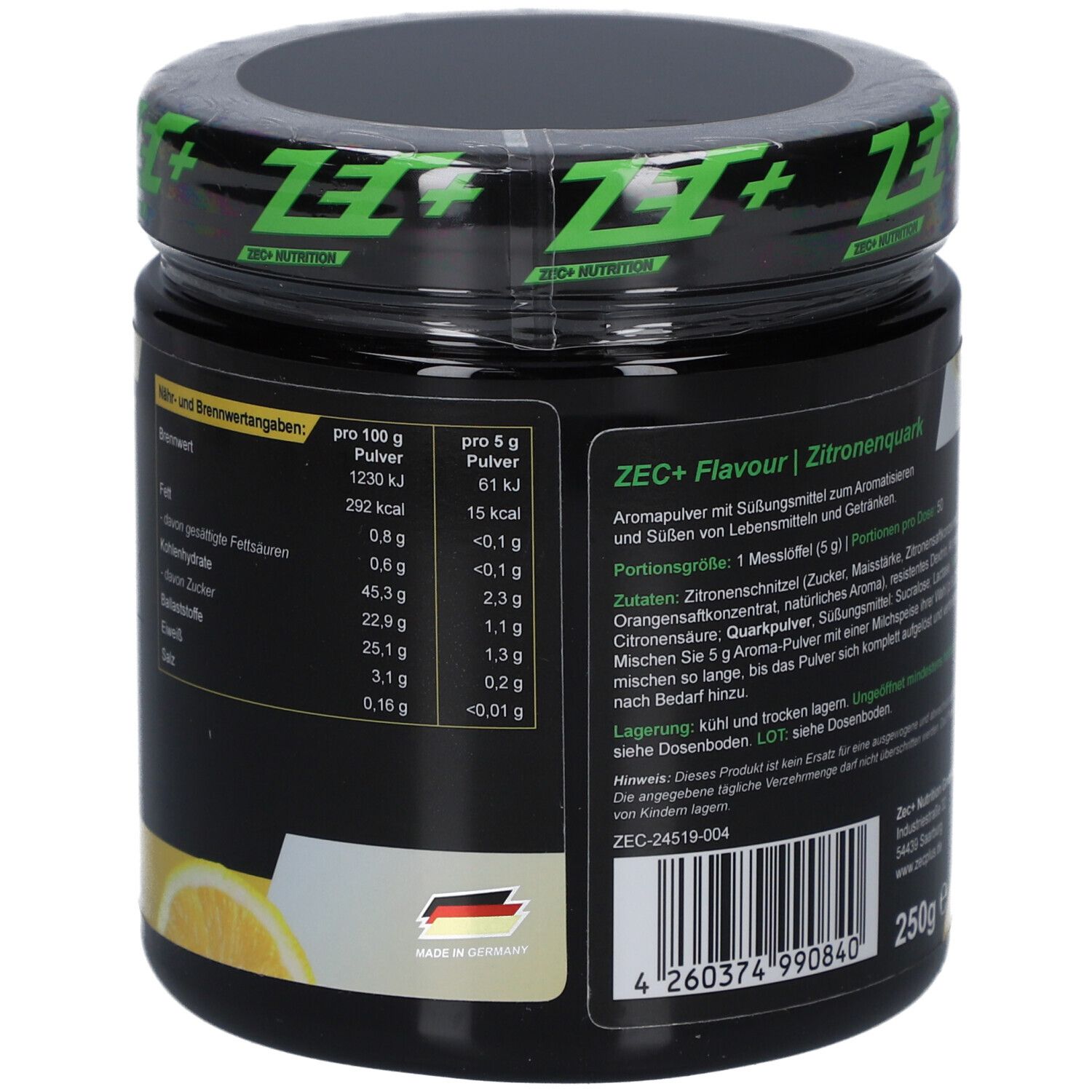 Dos de la boîte noire. Contient des informations nutritionnelles et le logo « Made in Germany ». Marque : ZEC+ Nutrition.