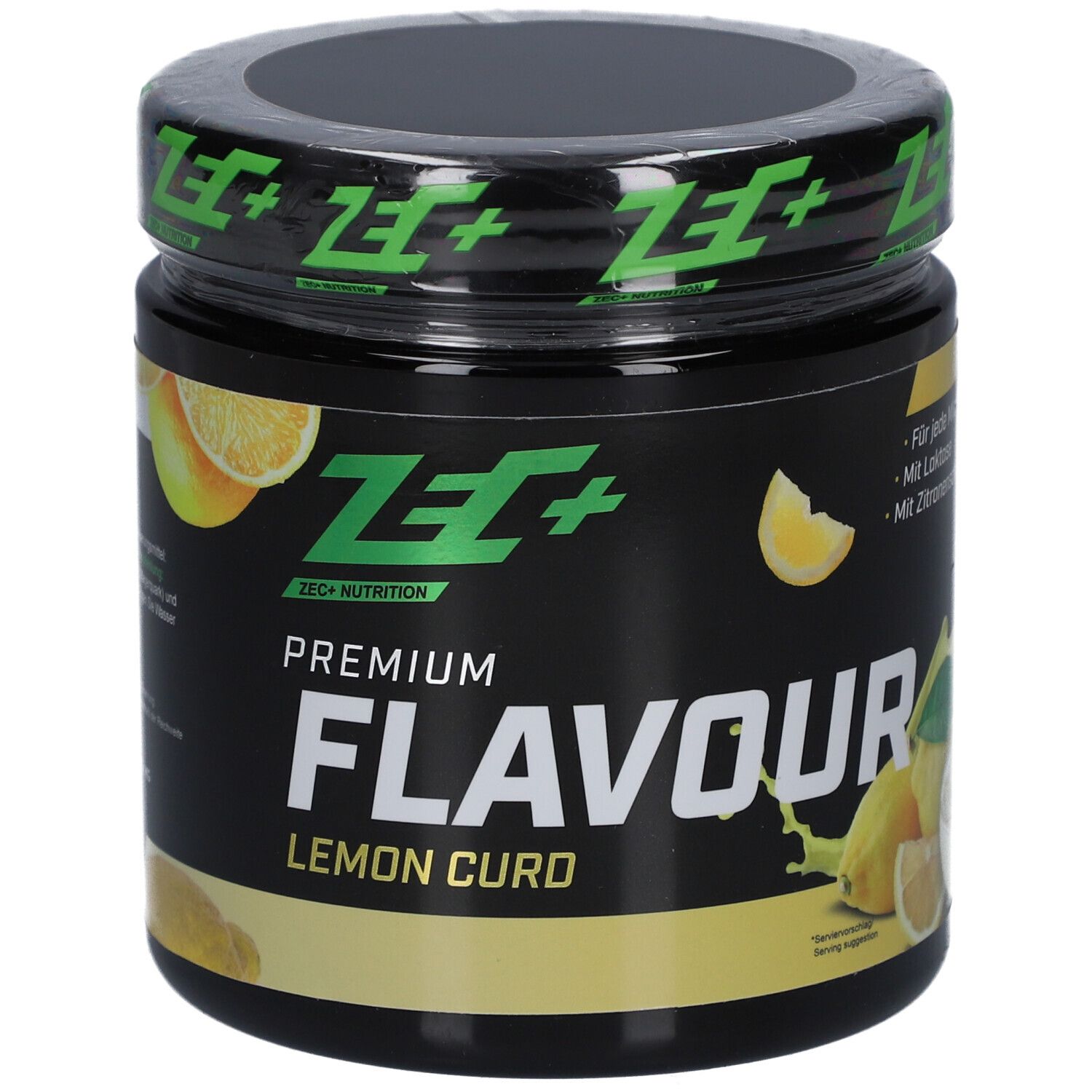Boîte noire avec illustrations de citrons jaunes. Inscription : PREMIUM FLAVOUR LEMON CURD. Marque : ZEC+ Nutrition.