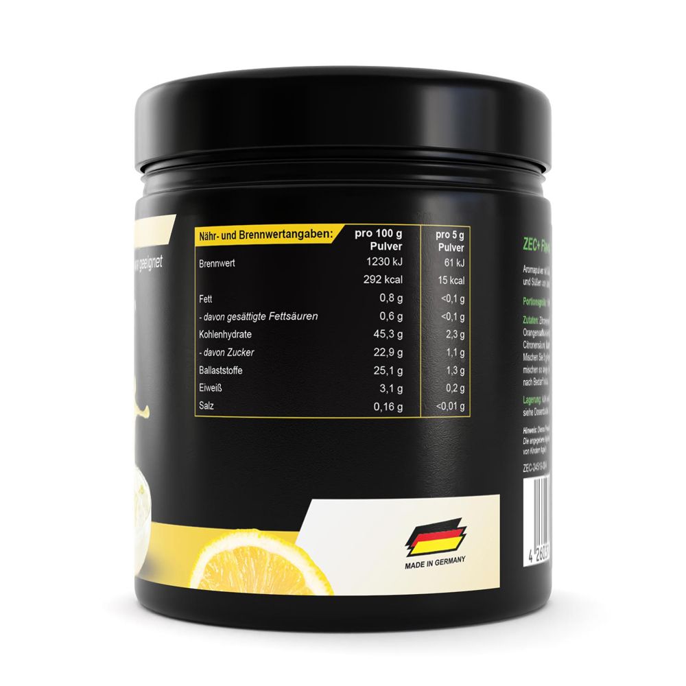 Dos de la boîte noire. Contient des informations nutritionnelles et le logo « Made in Germany ». Marque : ZEC+ Nutrition.