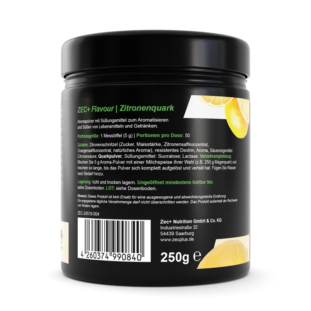 Boîte noire avec informations sur le produit. Contient les ingrédients, les instructions d'utilisation et les coordonnées. Marque : ZEC+ Nutrition.