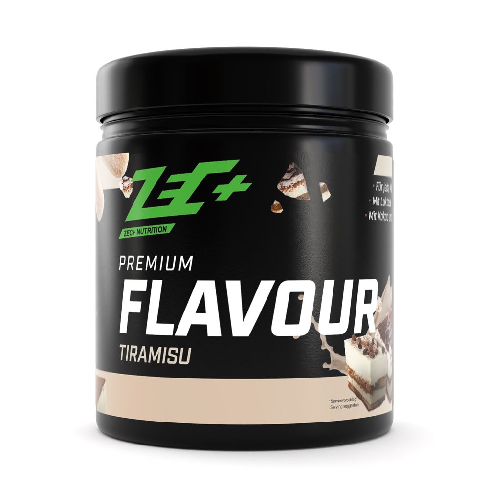 Boîte noire avec logo vert et inscription PREMIUM FLAVOUR Tiramisu. Illustration de morceaux de tiramisu.