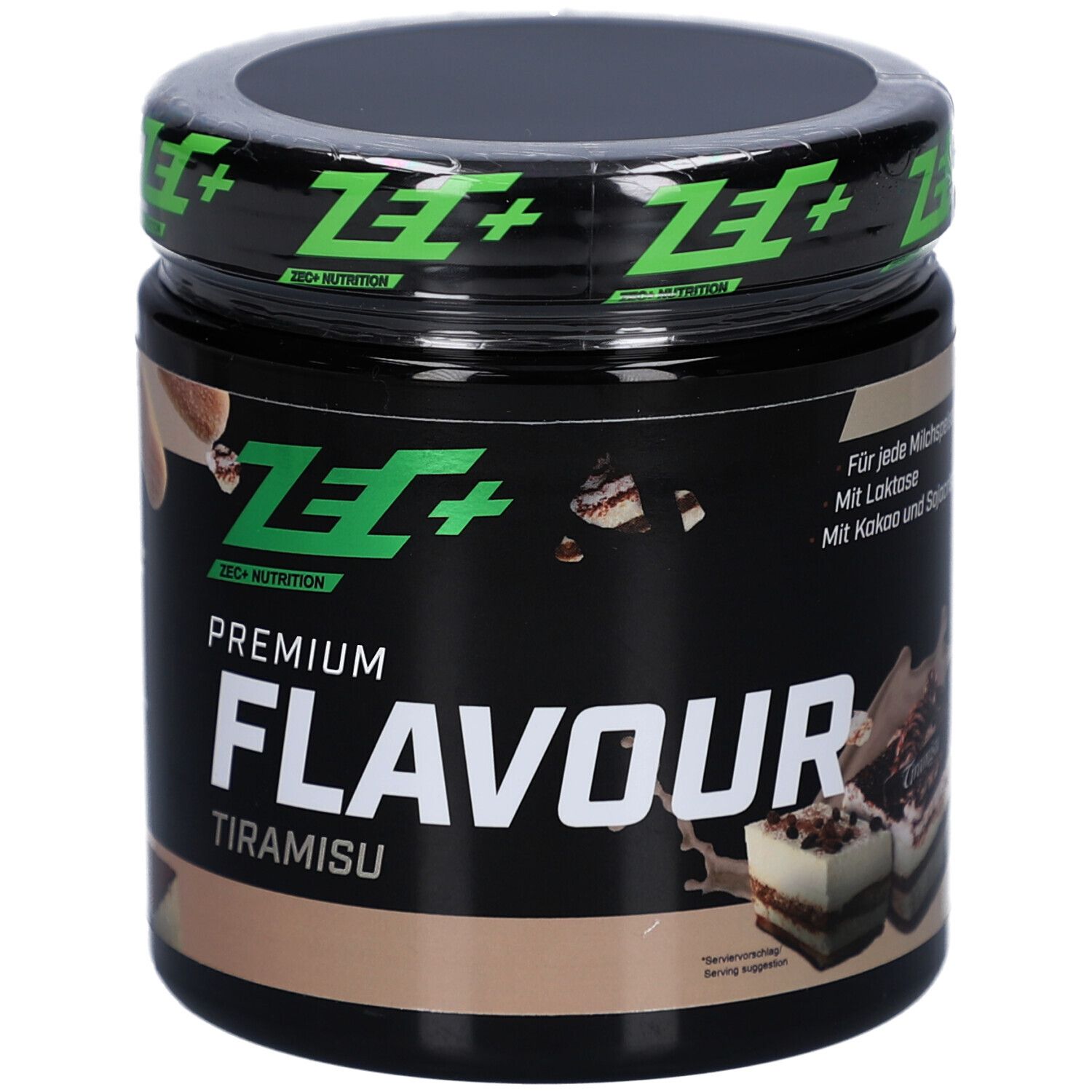 Boîte noire avec logo vert et inscription PREMIUM FLAVOUR Tiramisu. Vue de dessus.