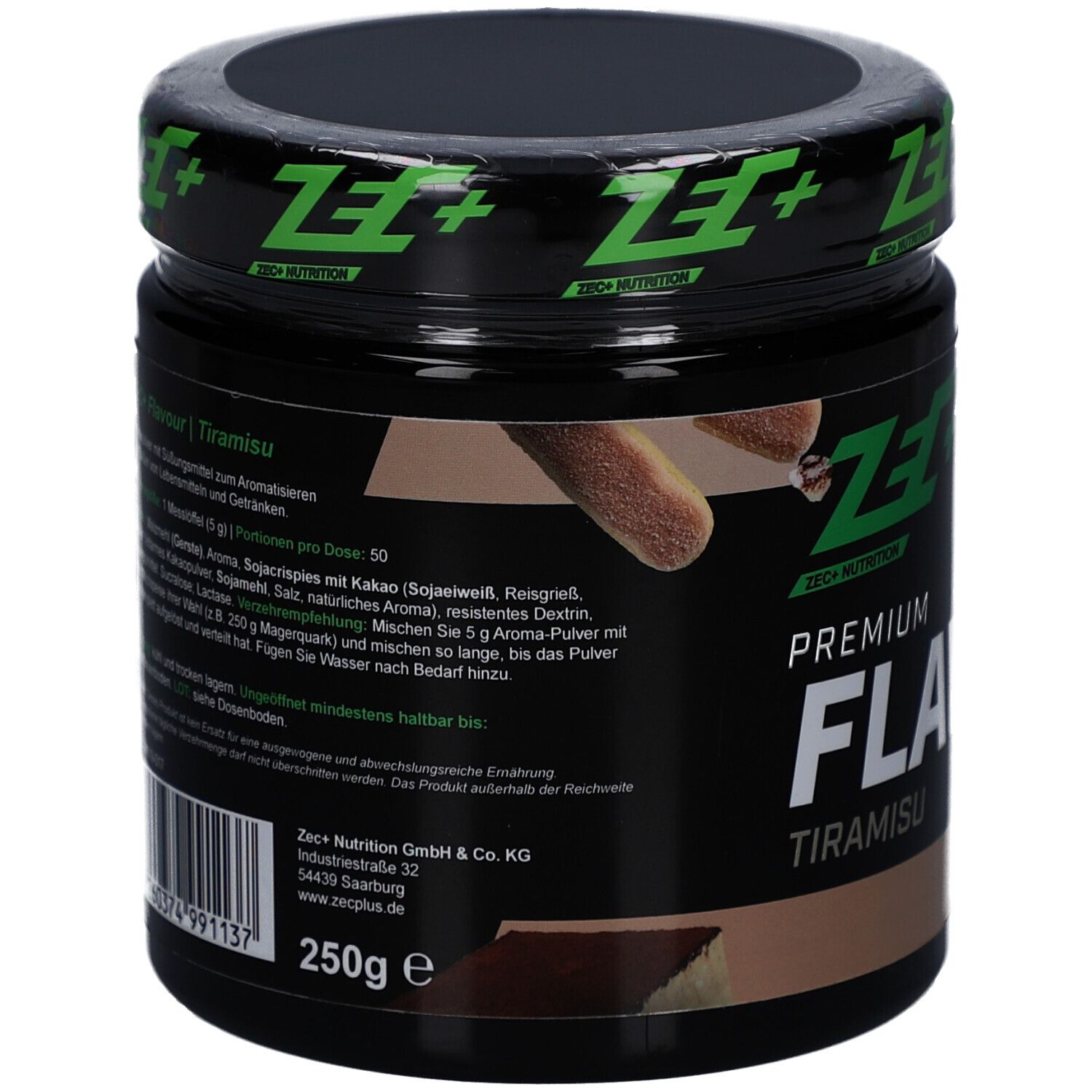 Boîte noire avec logo vert et inscription PREMIUM FLAVOUR Tiramisu. Vue de dessus.