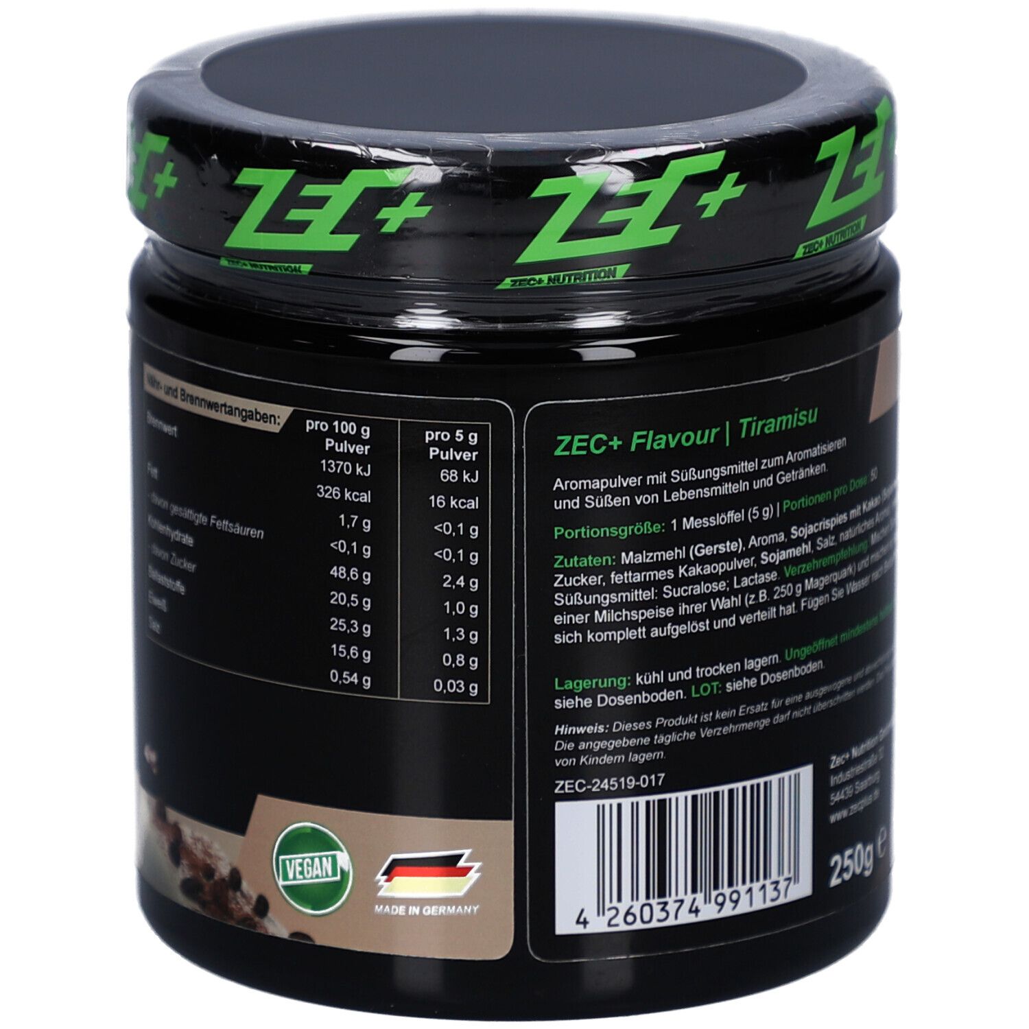 Dos du pot noir. Informations nutritionnelles et liste des ingrédients. Label végétalien et Fabriqué en Allemagne.