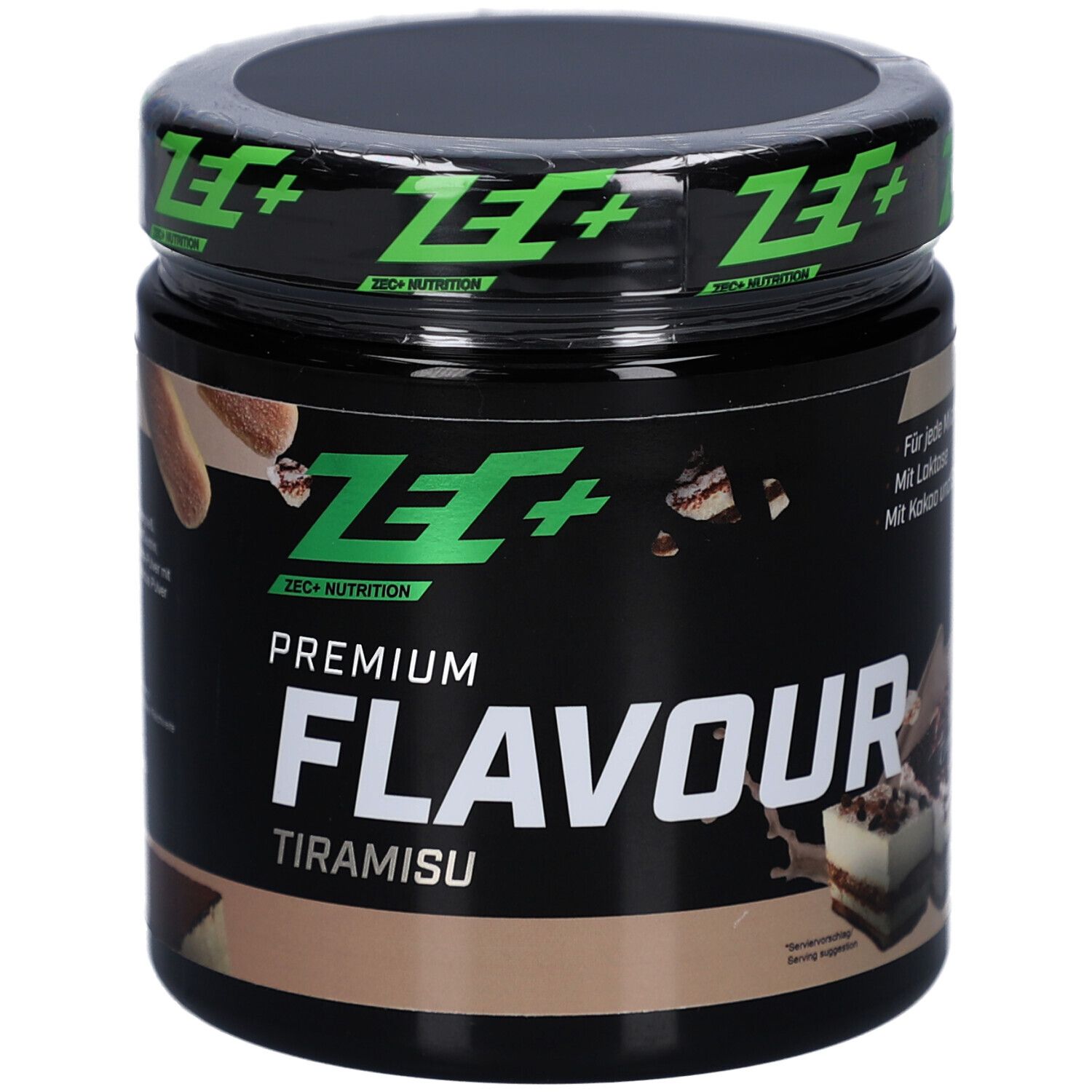 Boîte noire avec logo vert et inscription PREMIUM FLAVOUR Tiramisu. Vue de dessus.