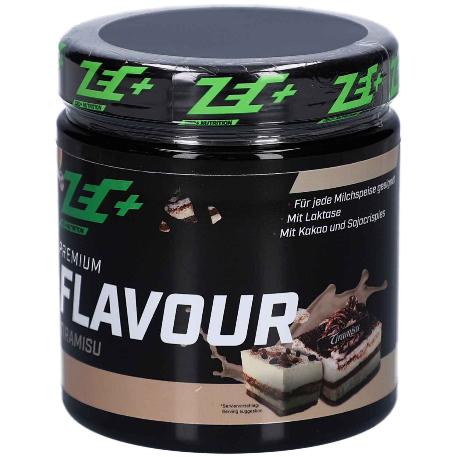 Boîte noire avec logo vert et inscription PREMIUM FLAVOUR Tiramisu. Vue de dessus.