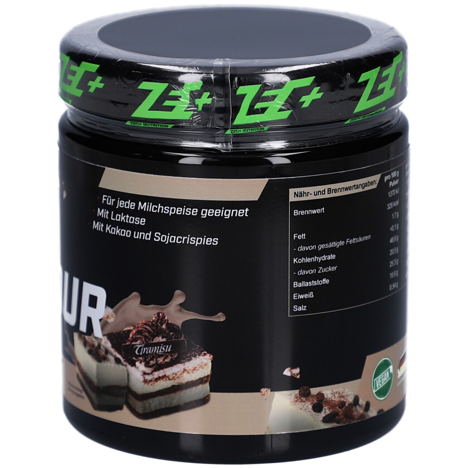 Dos du pot noir. Informations nutritionnelles et liste des ingrédients. Label végétalien et Fabriqué en Allemagne.