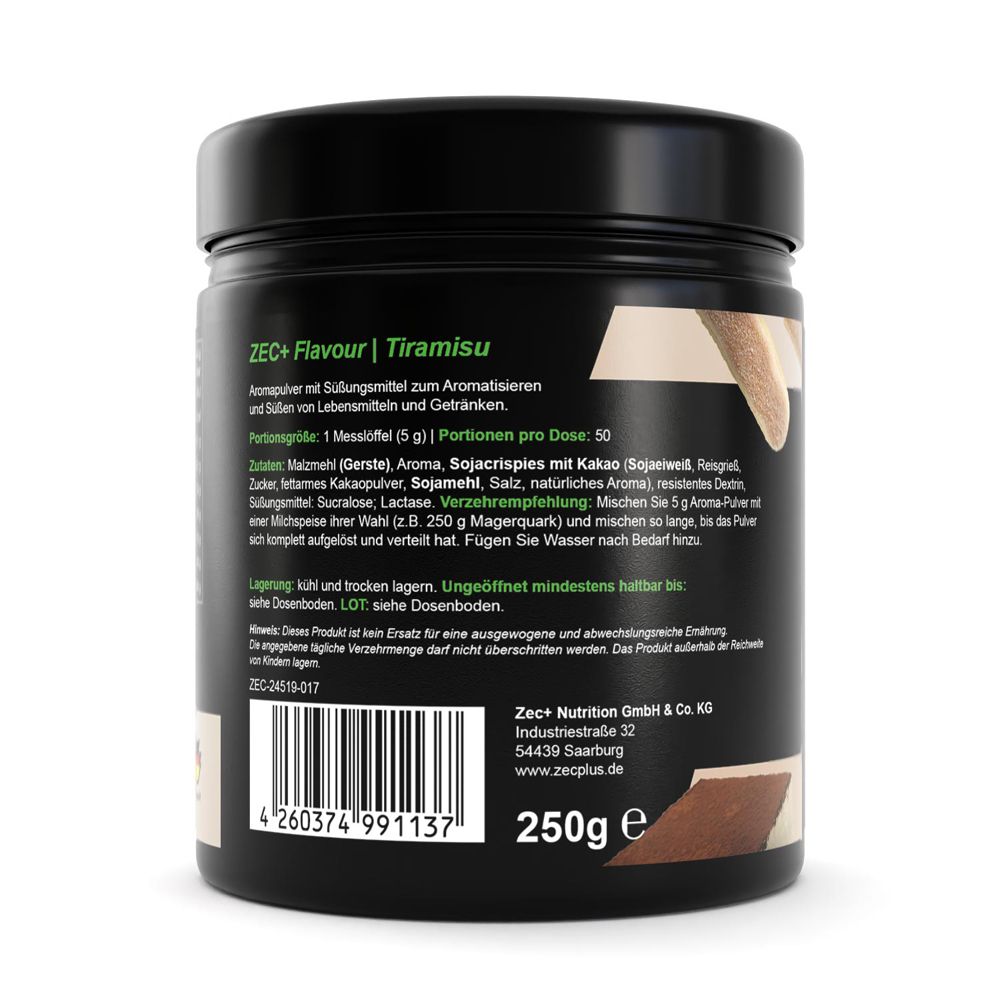 Dos du pot noir. Texte avec instructions de préparation et ingrédients. Code-barres et 250g.