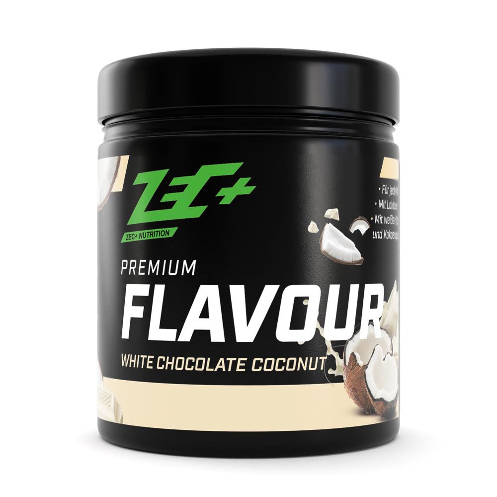 Pot noir avec "Premium Flavour" et "White Chocolate Coconut". Logo ZEC+.